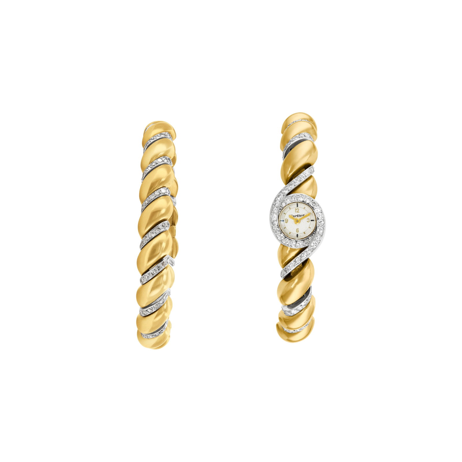CARTIER DIAMOND AND GOLD WRISTWATCH AND UNSIGNED DIAMOND AND GOLD BRACELET: CARTIER DIAMOND AND GOLD WRISTWATCH AND UNSIGNED DIAMOND AND GOLD BRACELET Details Manual winding-movement, single-cut diamonds, 18k yellow gold and platinum (French marks), wristwatch signed