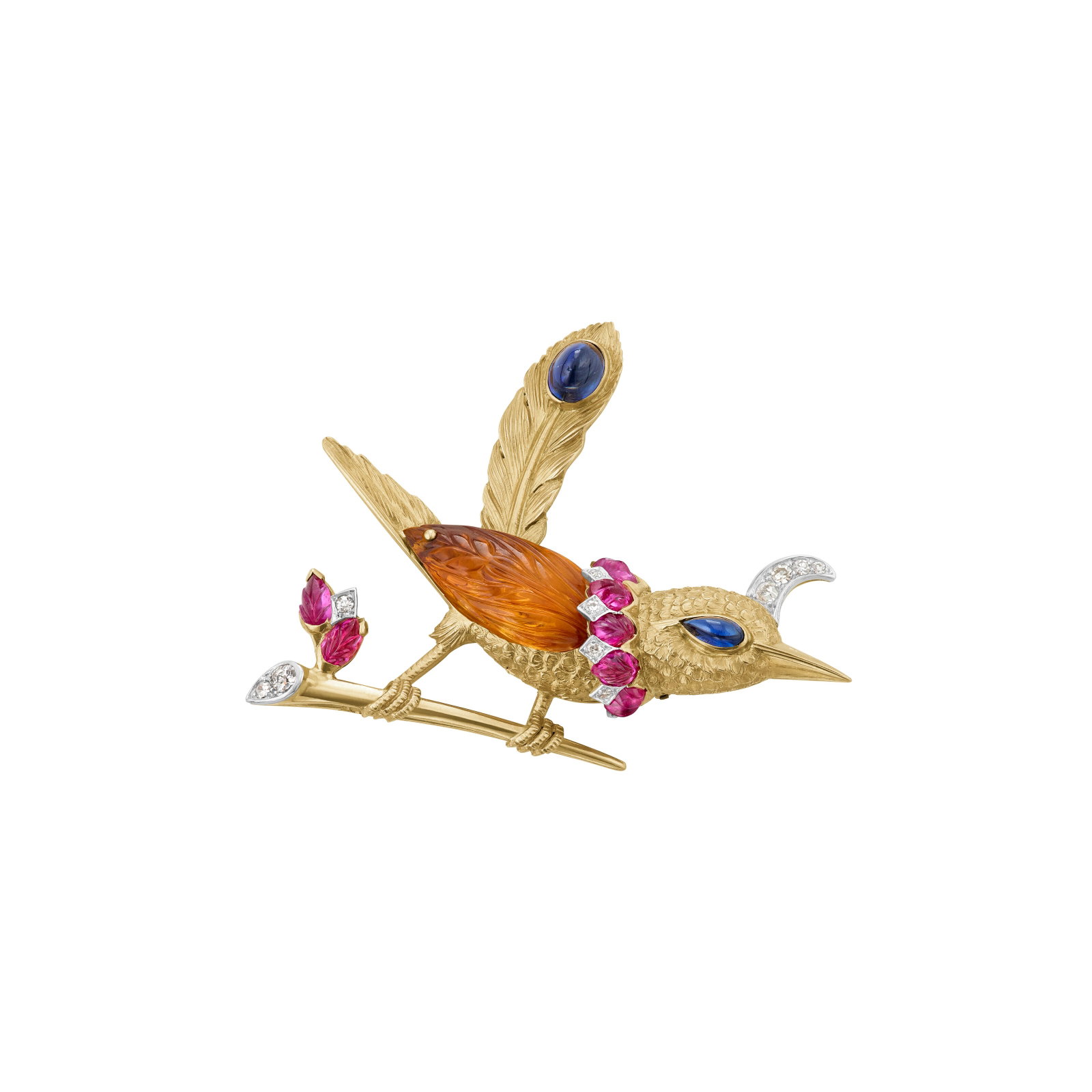 MULTI-GEM AND DIAMOND BIRD BROOCH: MULTI-GEM AND DIAMOND BIRD BROOCH Details Designed as a bird, carved citrine and rubies, oval and pear sapphire cabochons, old-cut diamonds, 18k yellow gold (French marks) and platinum, circa 1960, nu