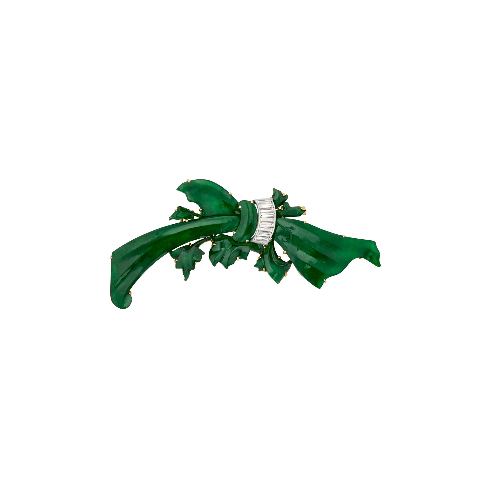 JADE AND DIAMOND BROOCH: JADE AND DIAMOND BROOCH Details Carved jadeite jade, baguette-cut diamonds, yellow gold, circa 1960 GIA, 2026, report no. 1232928585: Jadeite jade, Type A, no indications of dye or impregnation Size/D