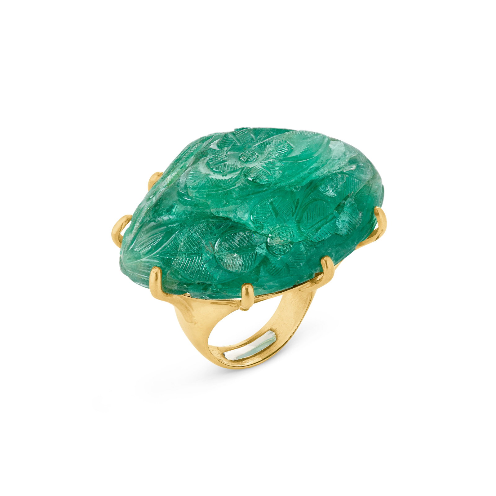 EMERALD RING: EMERALD RING Details Carved emerald, yellow gold, circa 1970 Emerald: measuring approximately 44.00 x 35.14 x 7.65 mm with approximate weight of 70.00 - 75.00 carats Size/Dimensions: US ring size 71&#