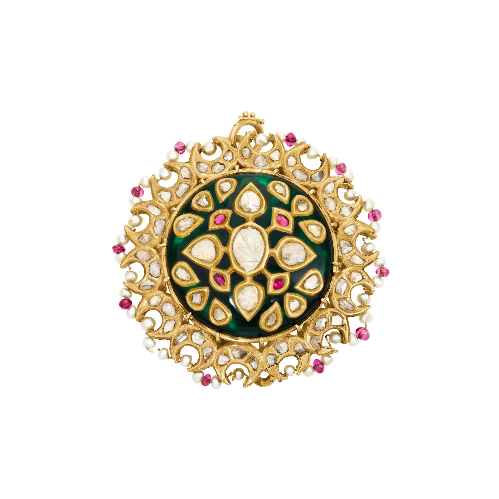 INDIAN MULTI-GEM, ENAMEL AND DIAMOND PENDANT-BROOCH: INDIAN MULTI-GEM, ENAMEL AND DIAMOND PENDANT-BROOCH Details Green hardstone plaque, foil-backed rubies and ruby rondelle beads, baroque seed pearls, red, green, blue and white enamel, foil-backed