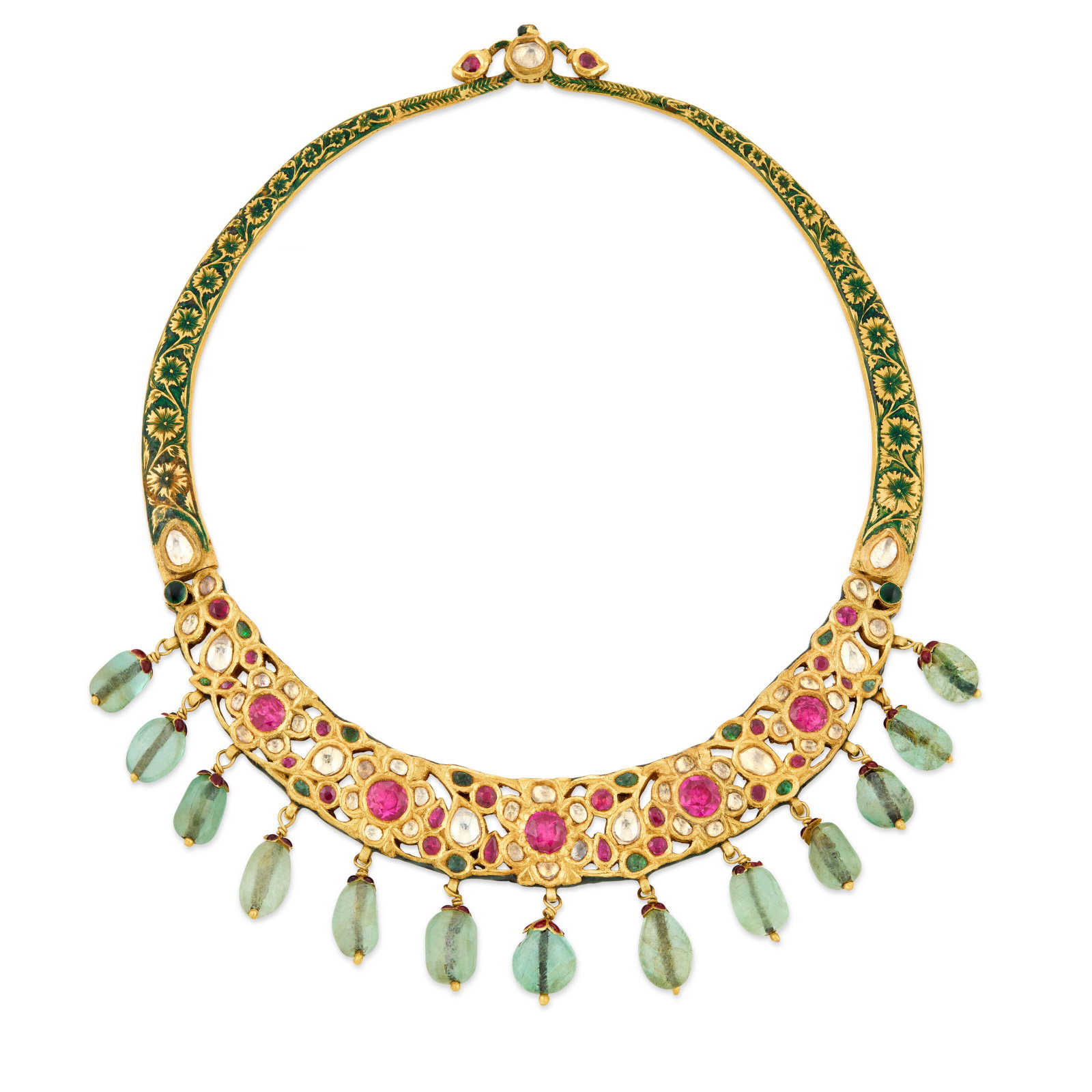 INDIAN MULTI-GEM AND ENAMEL NECKLACE: INDIAN MULTI-GEM AND ENAMEL NECKLACE Details Green beryl beads, table and rose-cut diamonds, round and pear-shaped rubies, variously shaped emeralds, enamel, yellow gold Size/Dimensions: 38.1 cm (15