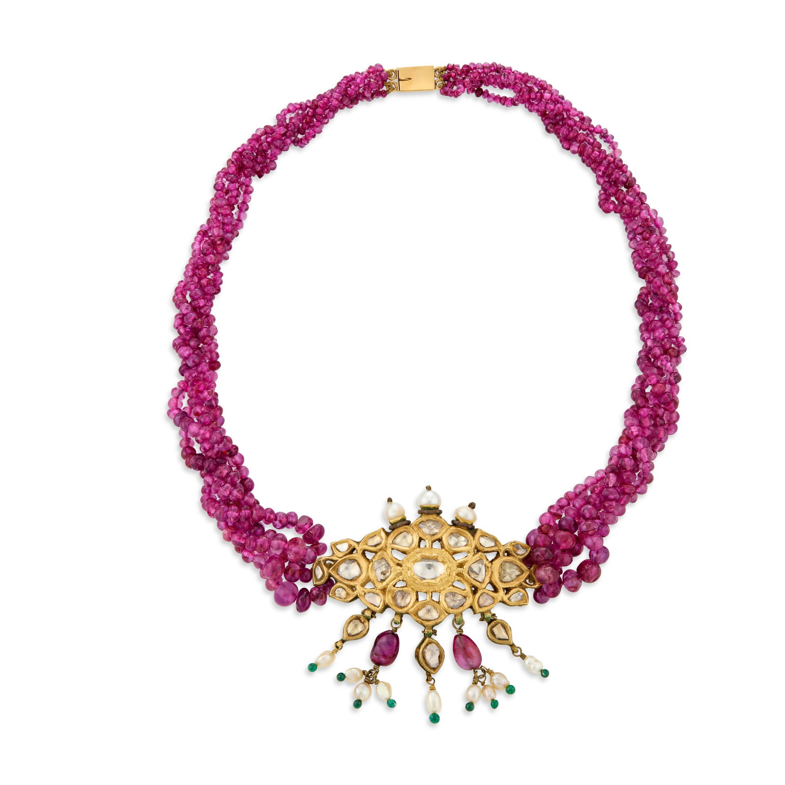INDIAN MULTI-GEM, ENAMEL AND DIAMOND CHOKER-NECKLACE: INDIAN MULTI-GEM, ENAMEL AND DIAMOND CHOKER-NECKLACE Details Round ruby rondelle beads and tumbled ruby drops, button-shaped pearls and baroque seed pearls, ruby, green, blue and white enamel,