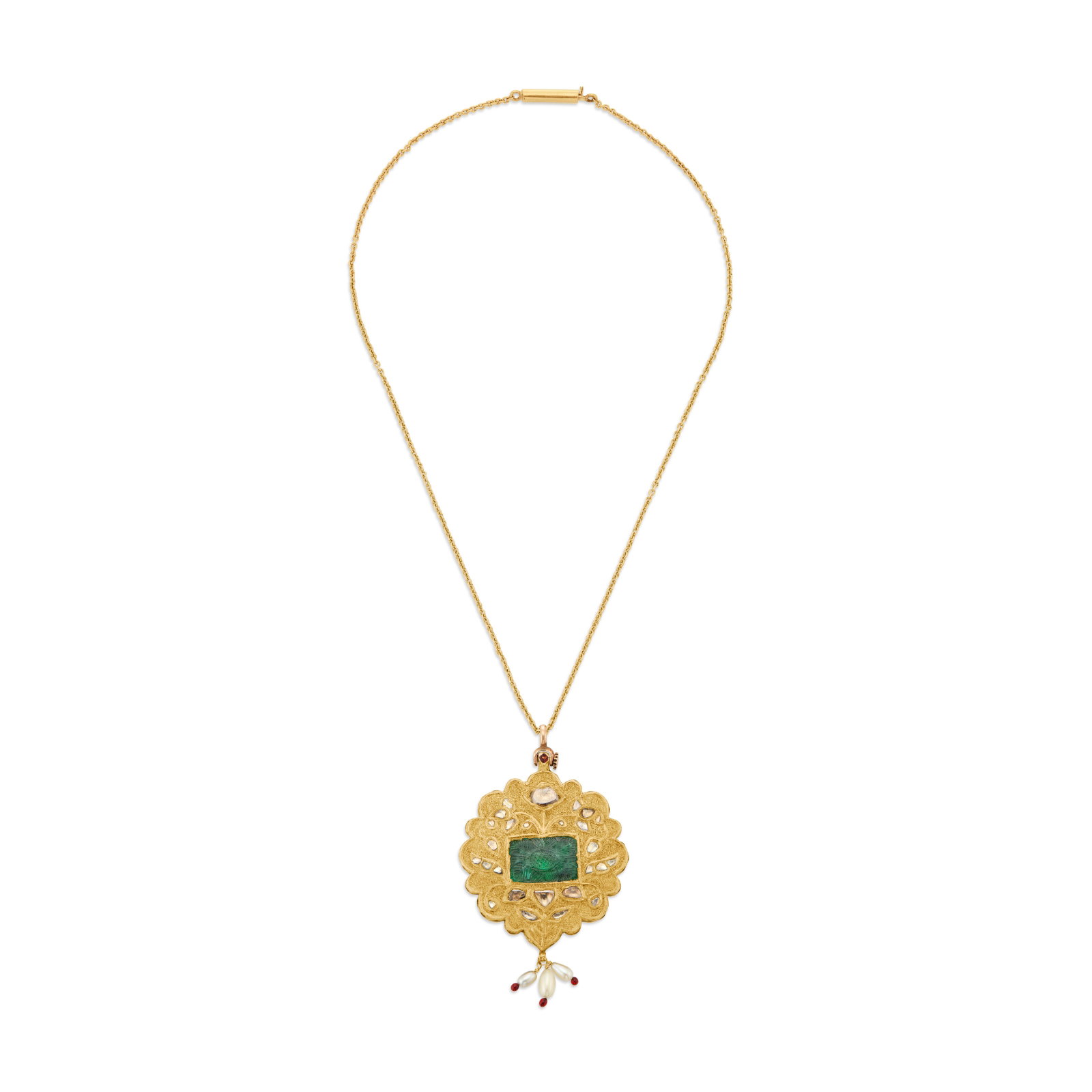 INDIAN CARVED EMERALD, DIAMOND AND ENAMEL PENDANT: INDIAN CARVED EMERALD, DIAMOND AND ENAMEL PENDANT Details Rectangular carved emerald, portrait-cut diamonds, drop pearls, red, blue green and white enamel, red glass, yellow gold, suspended from a