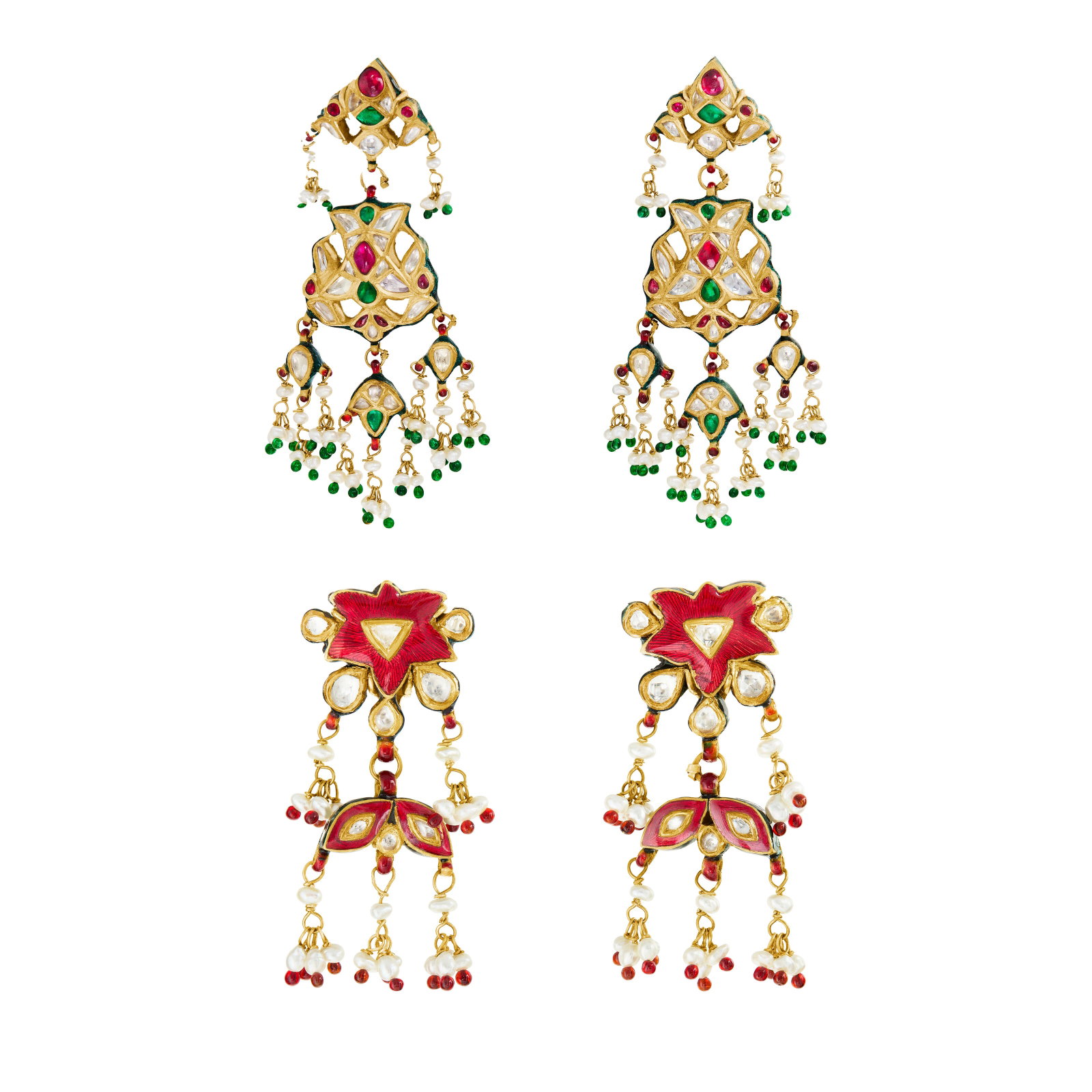 TWO PAIRS OF INDIAN ENAMEL AND MULTI-GEM EARRINGS: TWO PAIRS OF INDIAN ENAMEL AND MULTI-GEM EARRINGS Details Enamel, variously-shaped rubies, emeralds and colorless sapphires, seed pearls, yellow gold and 18k yellow gold (French marks, earring backs