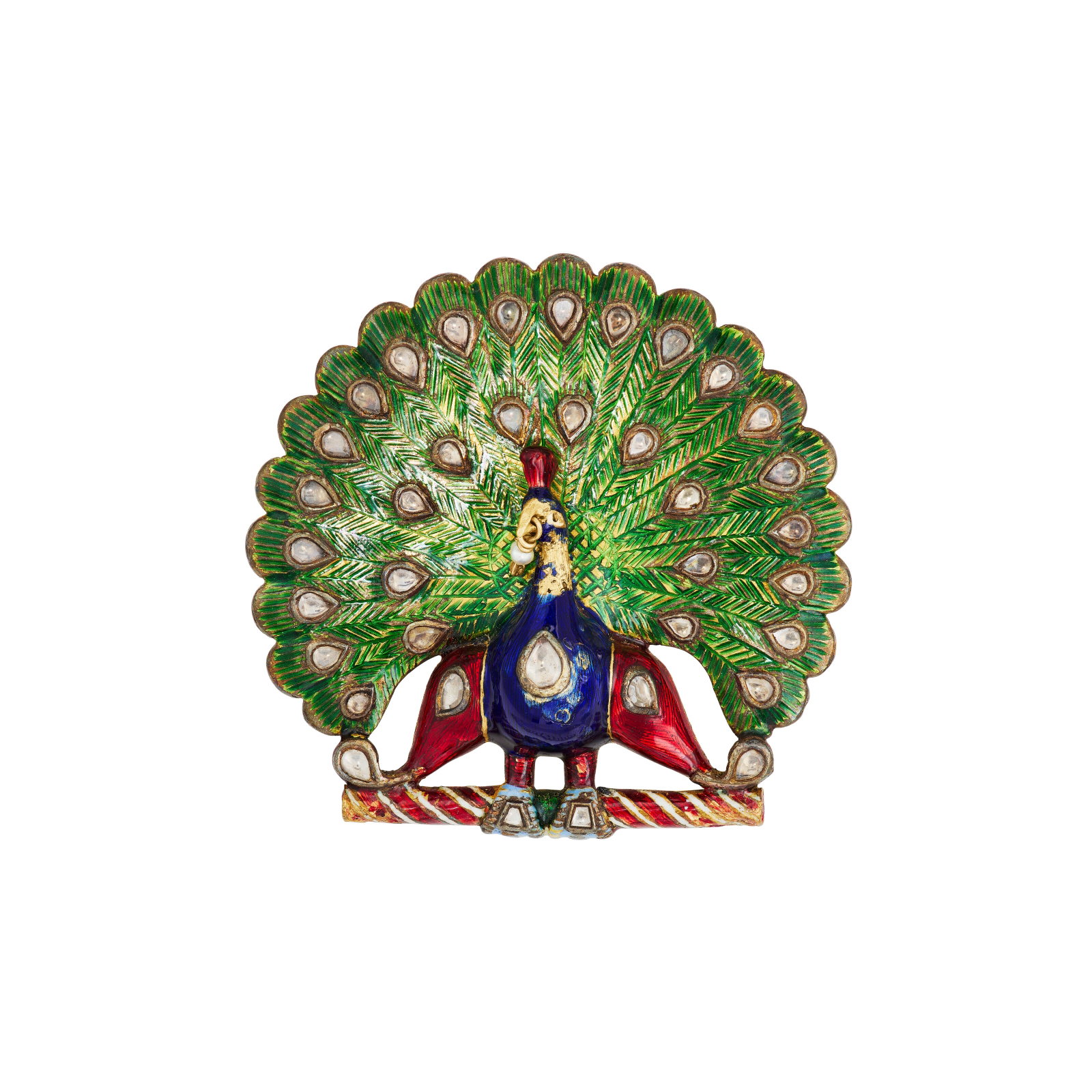INDIAN ENAMEL, COLORLESS SAPPHIRE AND SEED PEARL PEACOCK BROOCH: INDIAN ENAMEL, COLORLESS SAPPHIRE AND SEED PEARL PEACOCK BROOCH Details Designed as a peacock, multi-colored enamel, portrait-cut colorless sapphires, seed pearl, yellow gold, areas of enamel deficien