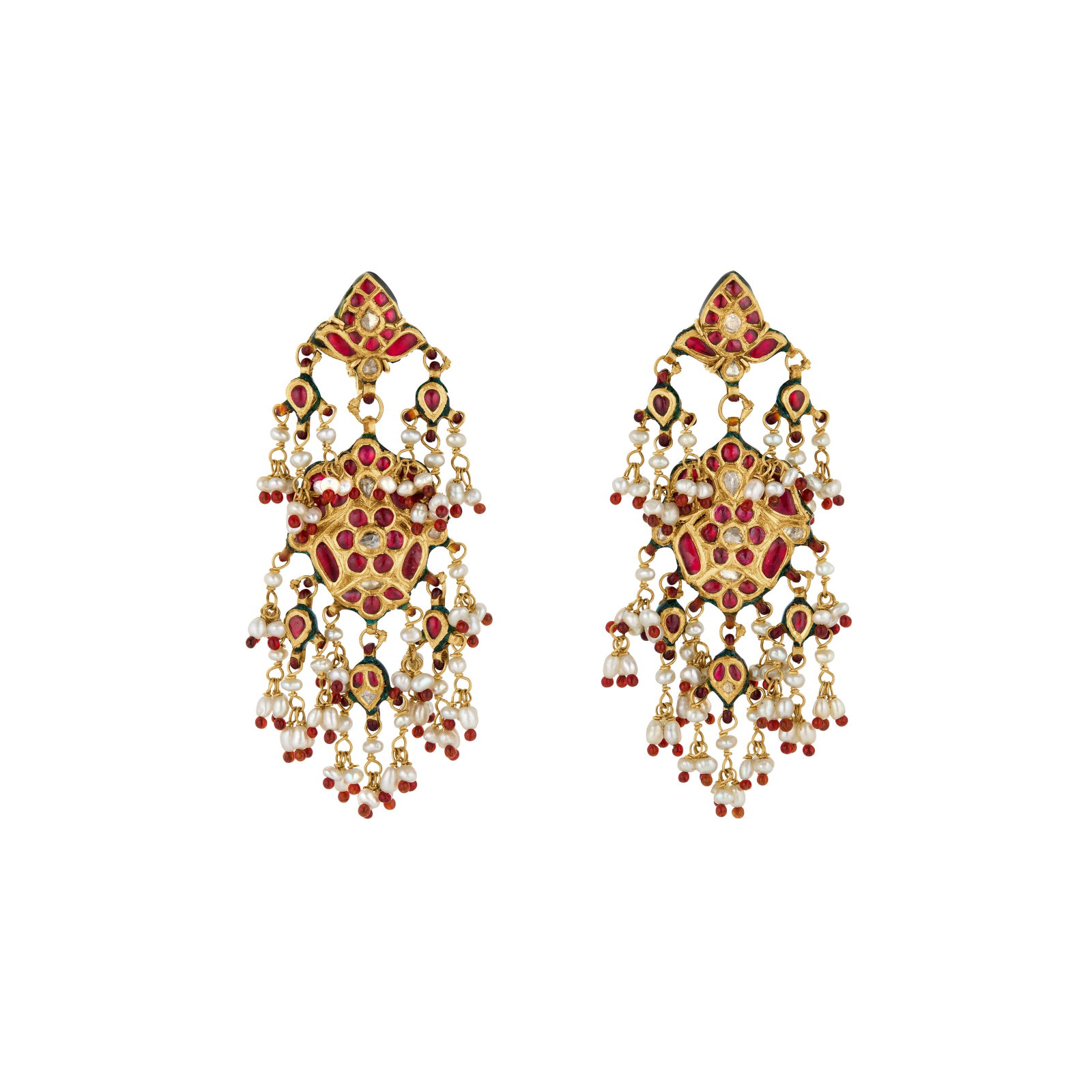 INDIAN ENAMEL, DIAMOND AND MULTI-GEM EARRINGS: INDIAN ENAMEL, DIAMOND AND MULTI-GEM EARRINGS Details Enamel, rose-cut diamonds, variously-shaped rubies, seed pearls, yellow gold and 18k yellow gold (French marks, earring backs only)