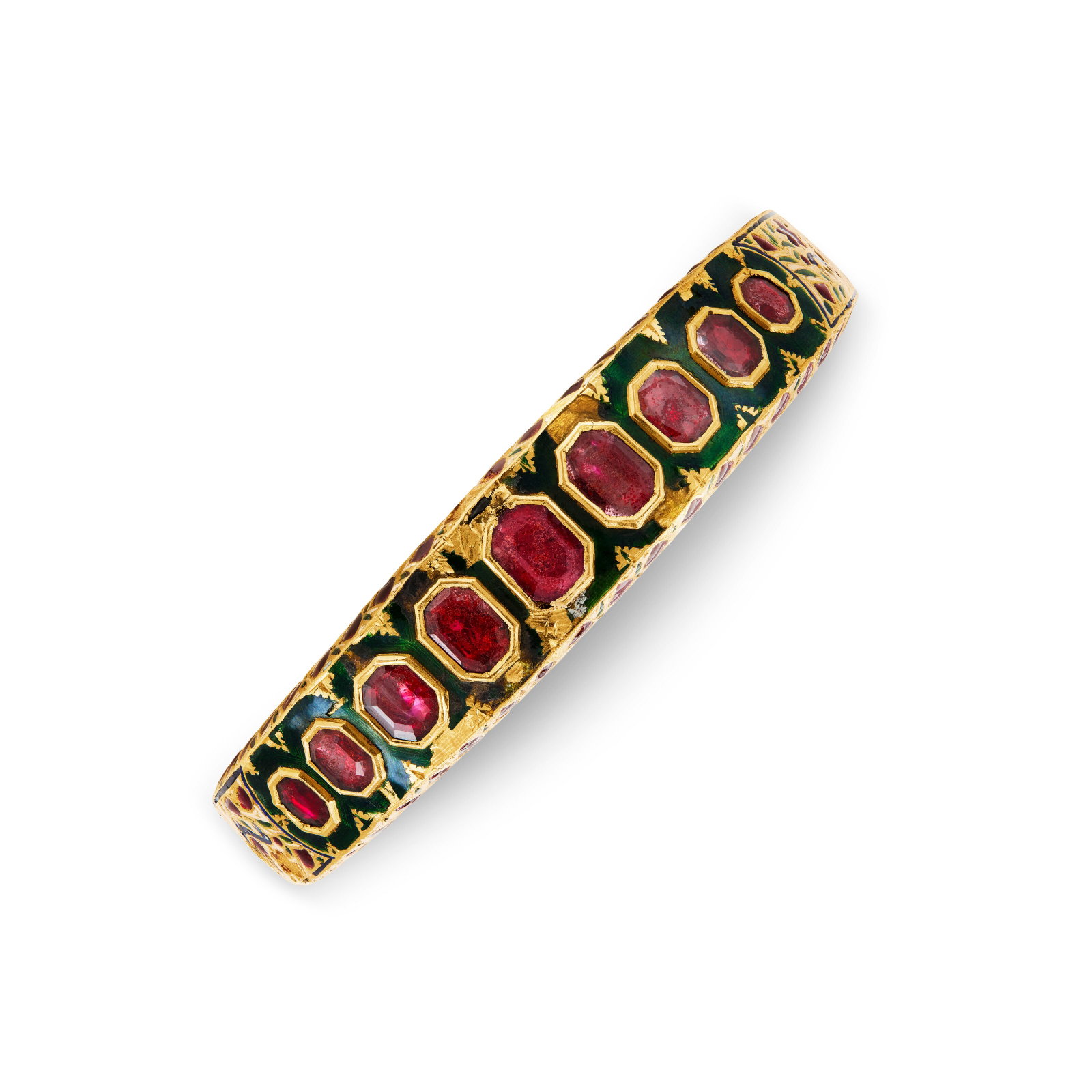 INDIAN SPINEL AND ENAMEL BANGLE BRACELET: INDIAN SPINEL AND ENAMEL BANGLE BRACELET Details Foil-backed spinels, red, green, blue and white enamel, yellow gold on a lac core, numbered (partially indistinct), numerous areas of eye-visible loss