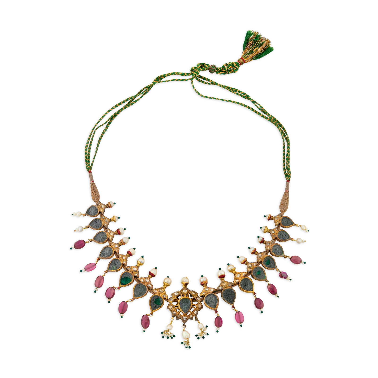 INDIAN MULTI-GEM AND ENAMEL NECKLACE: INDIAN MULTI-GEM AND ENAMEL NECKLACE Details Table-cut diamonds, carved colorless hardstone, polished spinel beads, near-round and seed pearls, enamel, yellow gold, cord Size/Dimensions: central