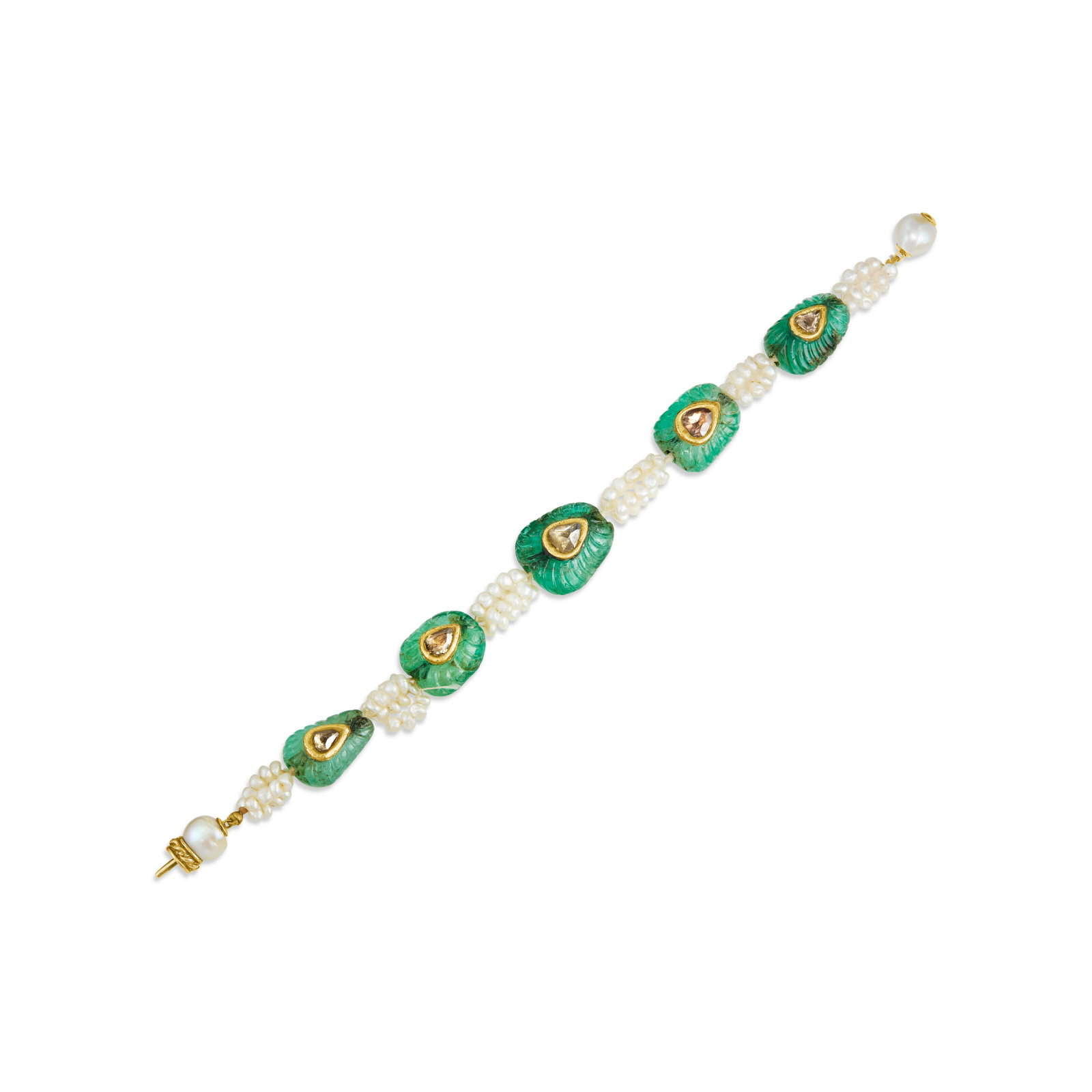 EMERALD, PEARL AND DIAMOND BRACELET: EMERALD, PEARL AND DIAMOND BRACELET Details Carved emerald beads, baroque seed pearls and pearls, table-cut diamonds, yellow gold, circa 1960 Size/Dimensions: 38.7 cm (73⁄4 in) Gross Weight: