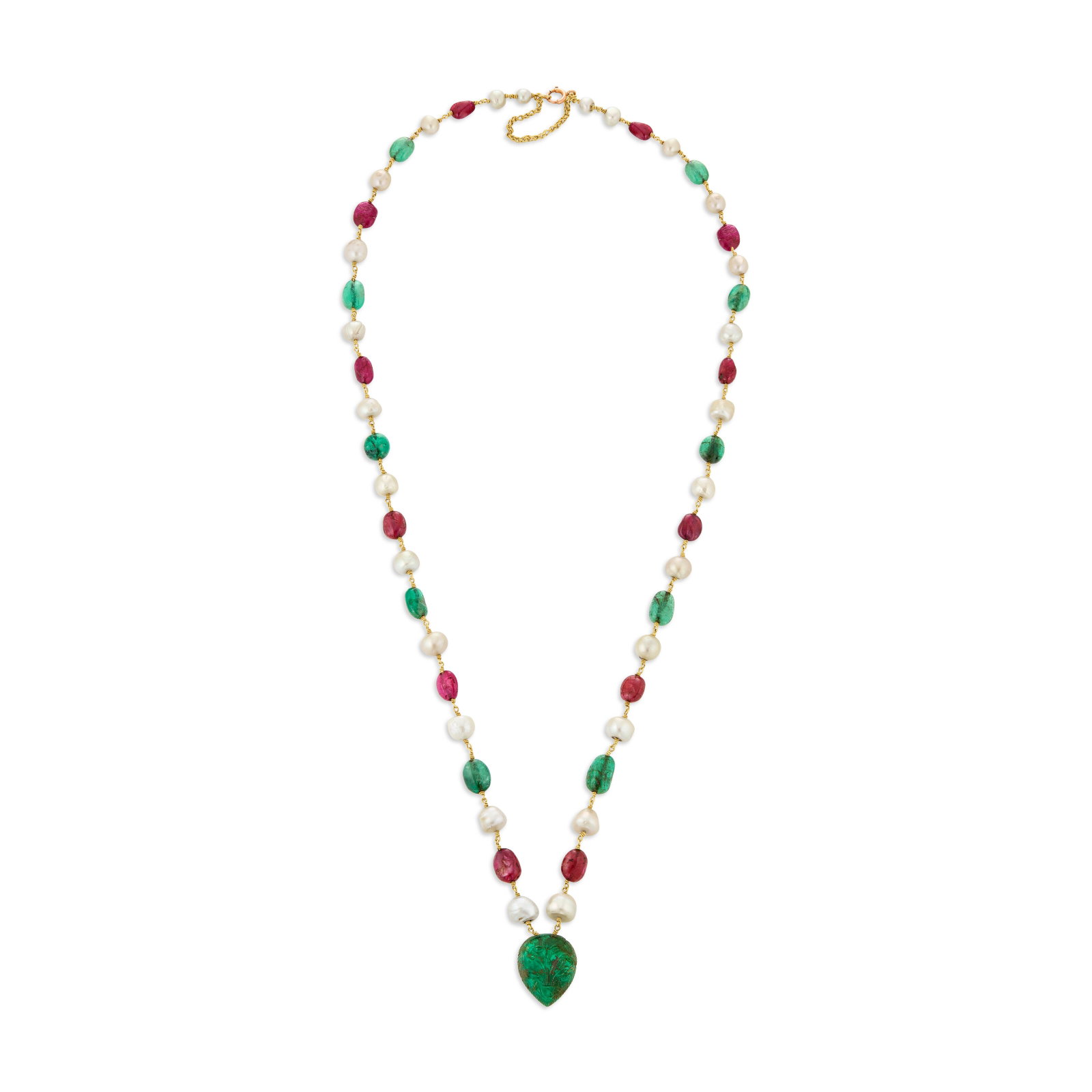 EMERALD, RUBY AND PEARL NECKLACE: EMERALD, RUBY AND PEARL NECKLACE Details Carved emerald, ruby and emerald beads, baroque cultured pearls, yellow gold, circa 1950 Size/Dimensions: 63.5 cm (25 in) Gross Weight: 40.5 grams Further