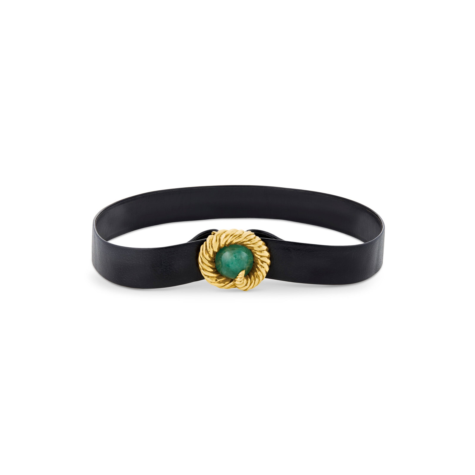 EMERALD AND GOLD BELT BUCKLE AND LEATHER BELT: EMERALD AND GOLD BELT BUCKLE AND LEATHER BELT Details Oval cabochon emerald, 18k yellow gold (French marks), maker's mark (Jean Ronsous), circa 1965 Emerald: measuring approximately 34.50 x 31.60 x