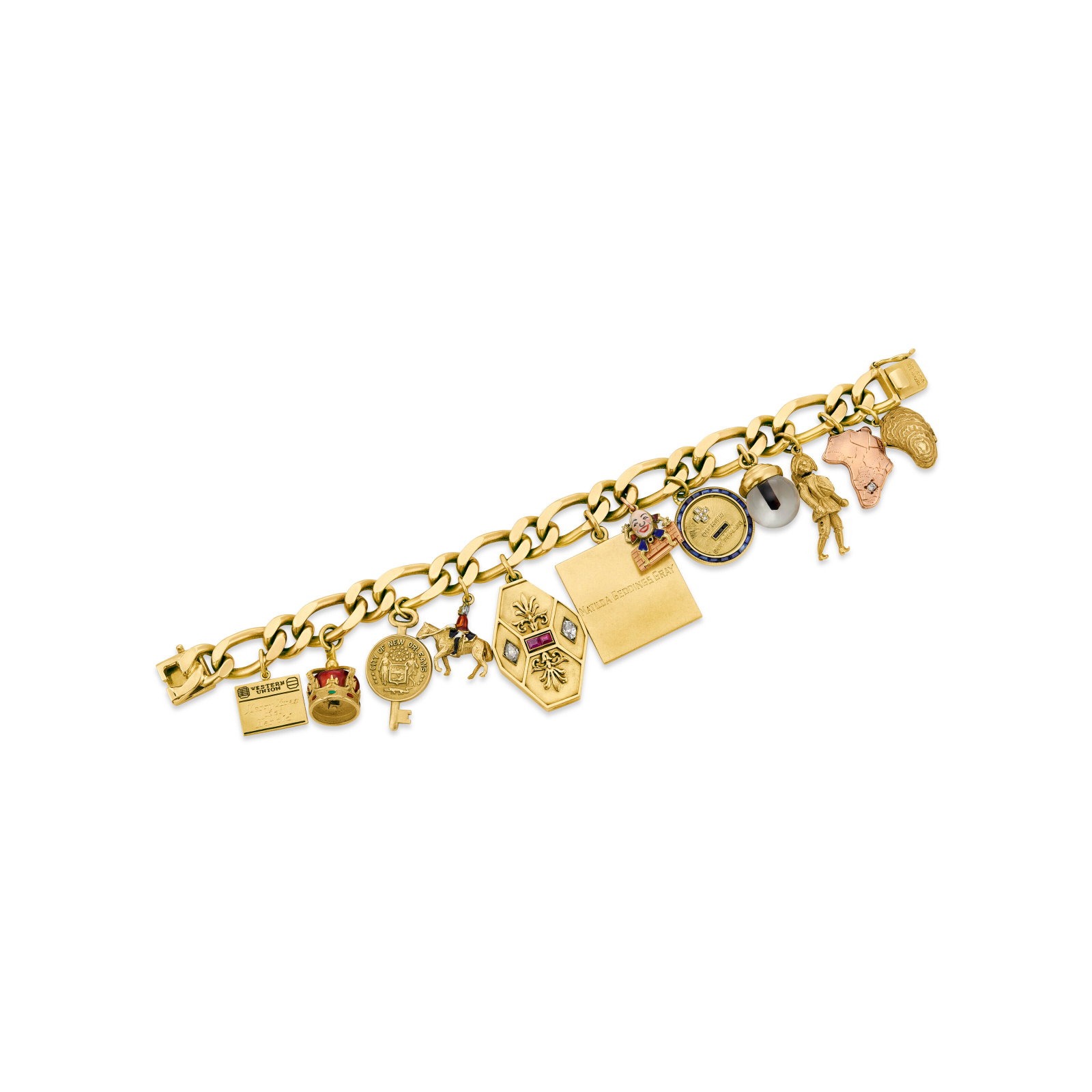 MULTI-GEM, ENAMEL AND GOLD CHARM BRACELET: MULTI-GEM, ENAMEL AND GOLD CHARM BRACELET Details 14k yellow gold chain, signed Tiffany & Co., scratch numbered, suspending twelve charms of oval, single-cut and round diamonds, rectangular rubies