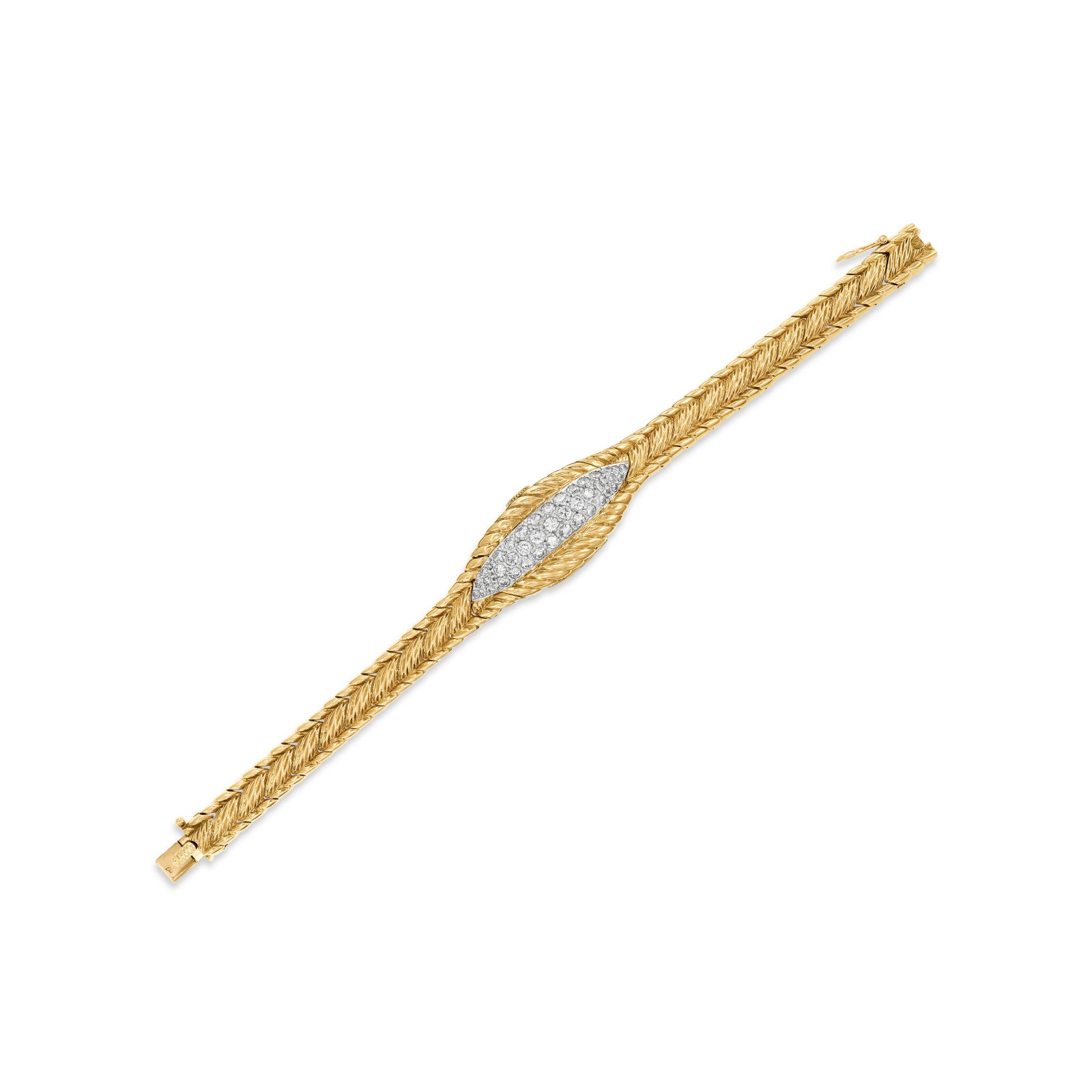 VAN CLEEF & ARPELS DIAMOND AND GOLD BRACELET WATCH: VAN CLEEF & ARPELS DIAMOND AND GOLD BRACELET WATCH Details Opening to reveal a concealed dial, manual movement, round diamonds, 18k yellow gold and platinum (French marks), circa 1950, signed Van