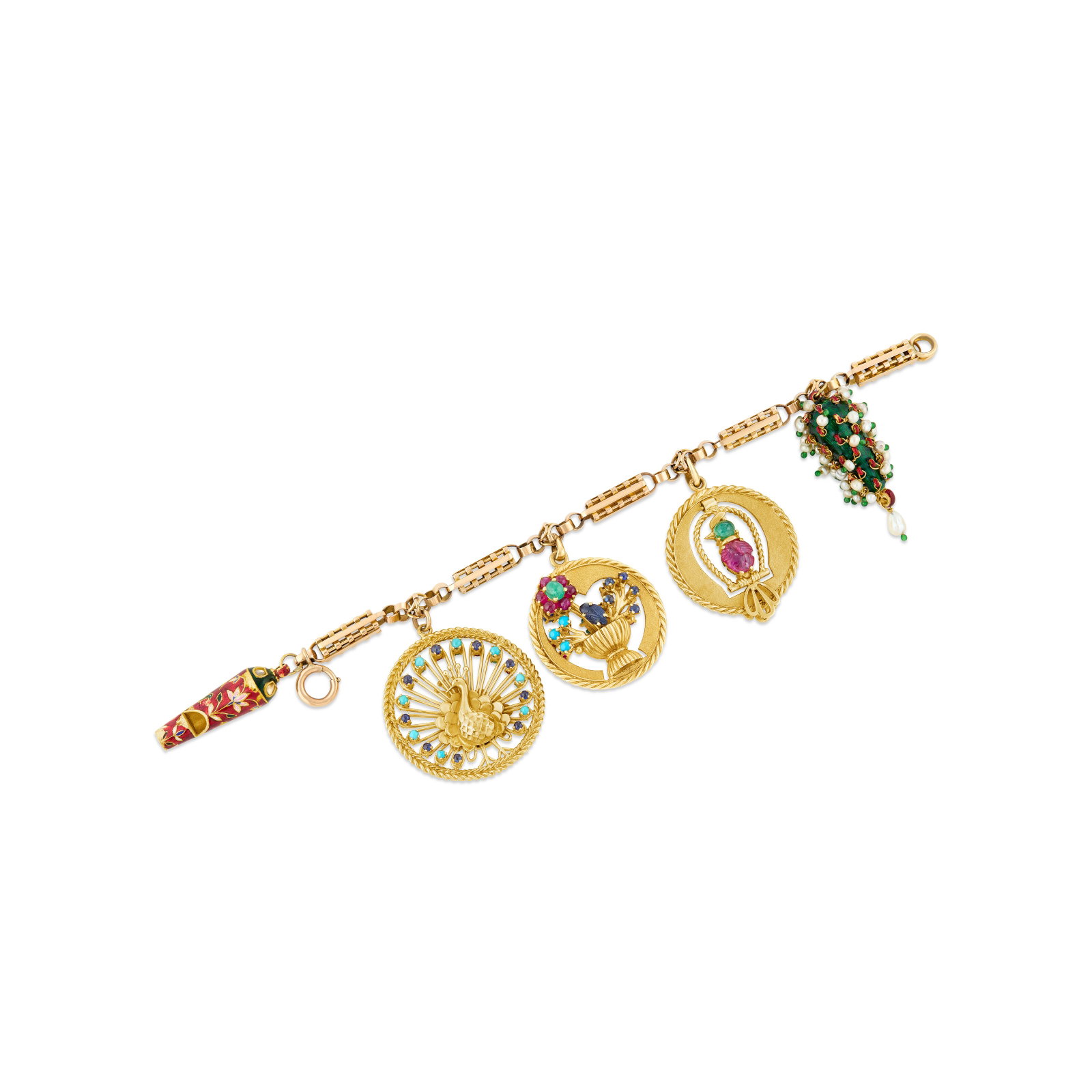MULTI-GEM, ENAMEL AND DIAMOND CHARM BRACELET: MULTI-GEM, ENAMEL AND DIAMOND CHARM BRACELET Details Comprising five charms each depicting a grape-shaped ornament, a bird cage, a flower plant and a peacock, carved ruby, sapphire and emerald, round