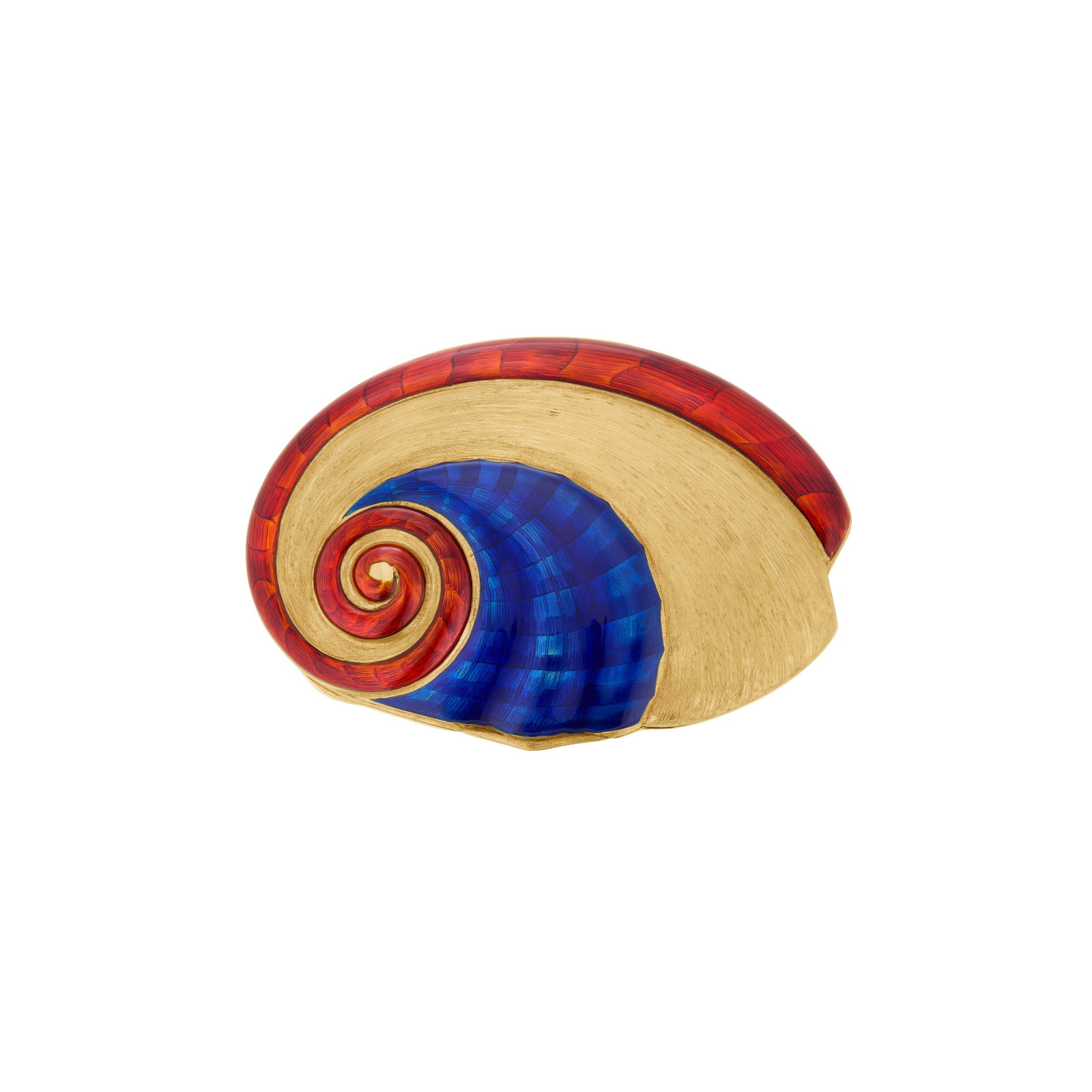 GOLD AND ENAMEL COMPACT: GOLD AND ENAMEL COMPACT Details Designed as a stylized nautilus, opening to reveal a fitted mirror and single compartment, red and blue enamel, 18k yellow gold, circa 1970 Size/Dimensions: 9.5 x 6.3 c