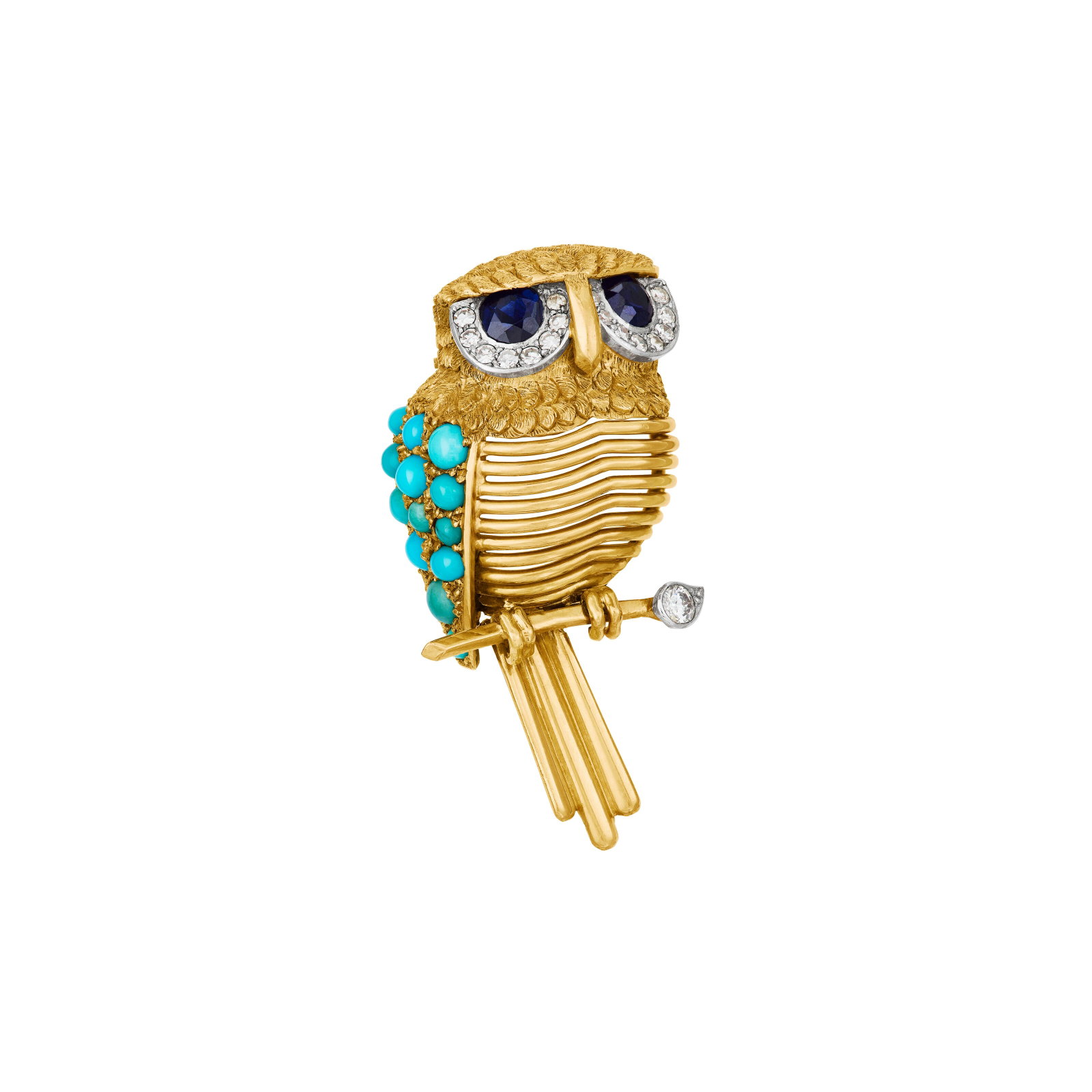 CARTIER SAPPHIRE, TURQUOISE AND DIAMOND OWL BROOCH: CARTIER SAPPHIRE, TURQUOISE AND DIAMOND OWL BROOCH Details Designed as an owl, round sapphires and turquoise cabochons, round and single-cut diamonds, 18k yellow gold and platinum (French marks),