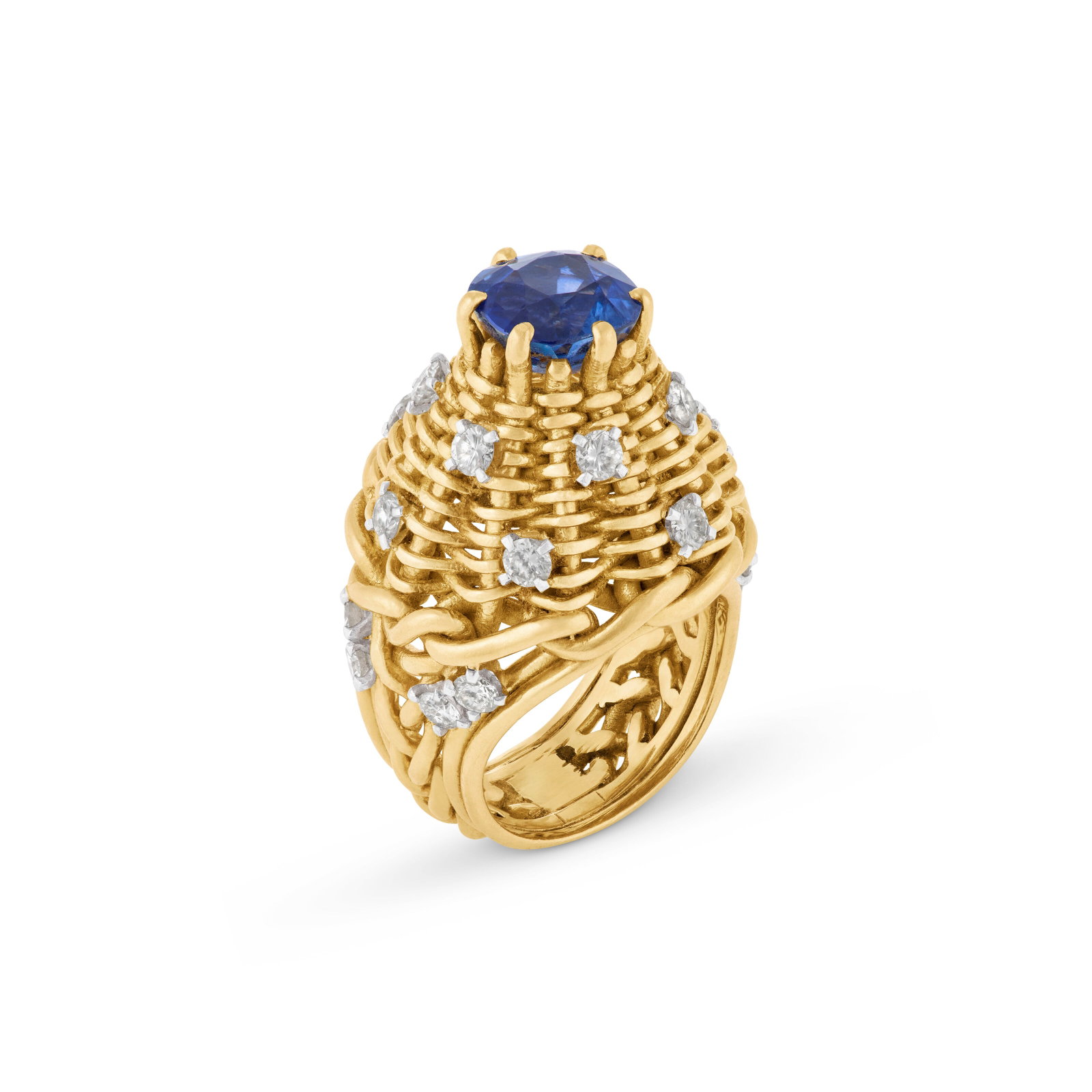 CARTIER SAPPHIRE AND DIAMOND RING: CARTIER SAPPHIRE AND DIAMOND RING Details Square cushion mixed-cut sapphire of 3.28 carats, round diamonds, yellow gold and platinum, circa 1950, signed Cartier AGL, 2026, report no. 1155978: 3.28