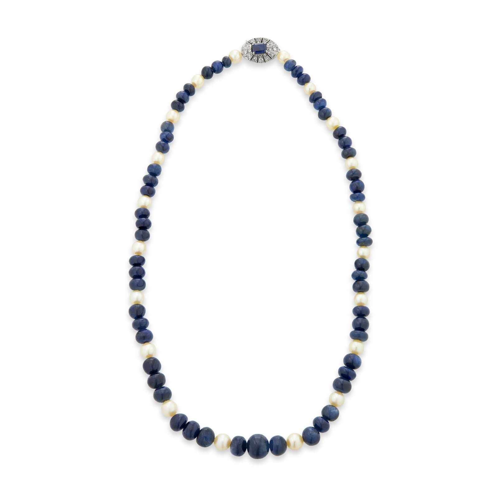 SAPPHIRE, CULTURED PEARL AND DIAMOND NECKLACE: SAPPHIRE, CULTURED PEARL AND DIAMOND NECKLACE Details Sapphire beads of approximately 8.80 to 4.40 mm, rectangular-cut sapphire, cultured pearls of approximately 5.95 to 4.75 mm, single-cut diamonds, 