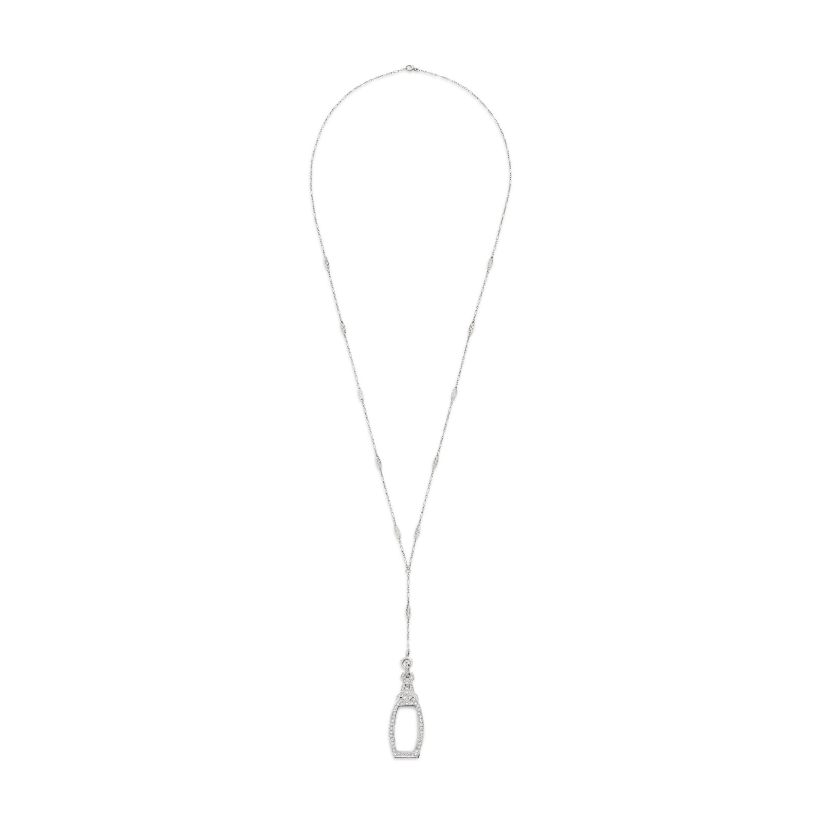 ART DECO DIAMOND LORGNETTE PENDANT: ART DECO DIAMOND LORGNETTE PENDANT Details Old and single-cut diamonds, platinum, circa 1925, accompanied by a white gold chain Diamonds: approximately 77 old and single-cut with an approximate total