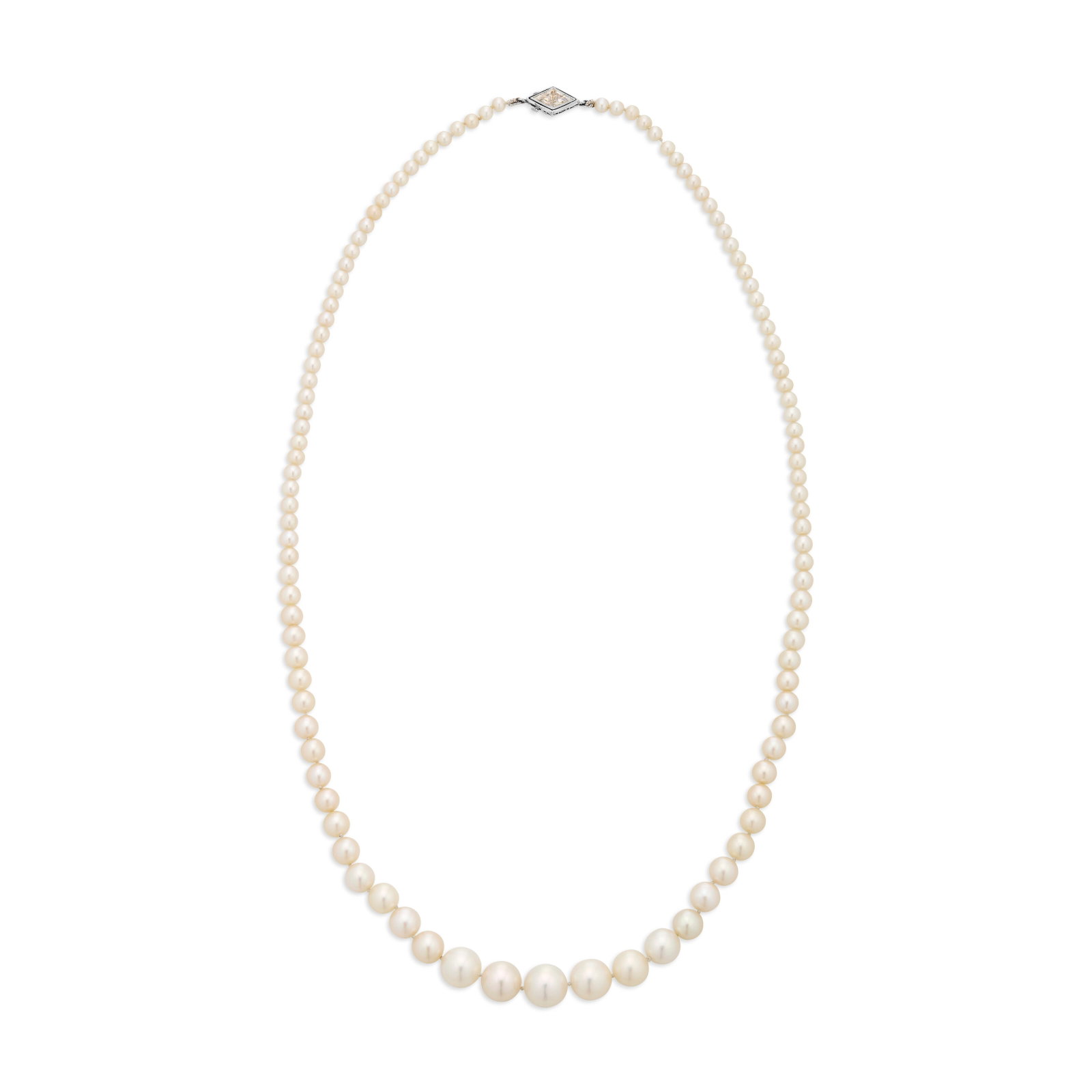 ART DECO NATURAL PEARL, CULTURED PEARL AND DIAMOND NECKLACE: ART DECO NATURAL PEARL, CULTURED PEARL AND DIAMOND NECKLACE Details Natural and cultured pearls of approximately 9.17 to 3.40 mm, triangular-cut diamonds, platinum, circa 1930, numbered GIA, 2026,