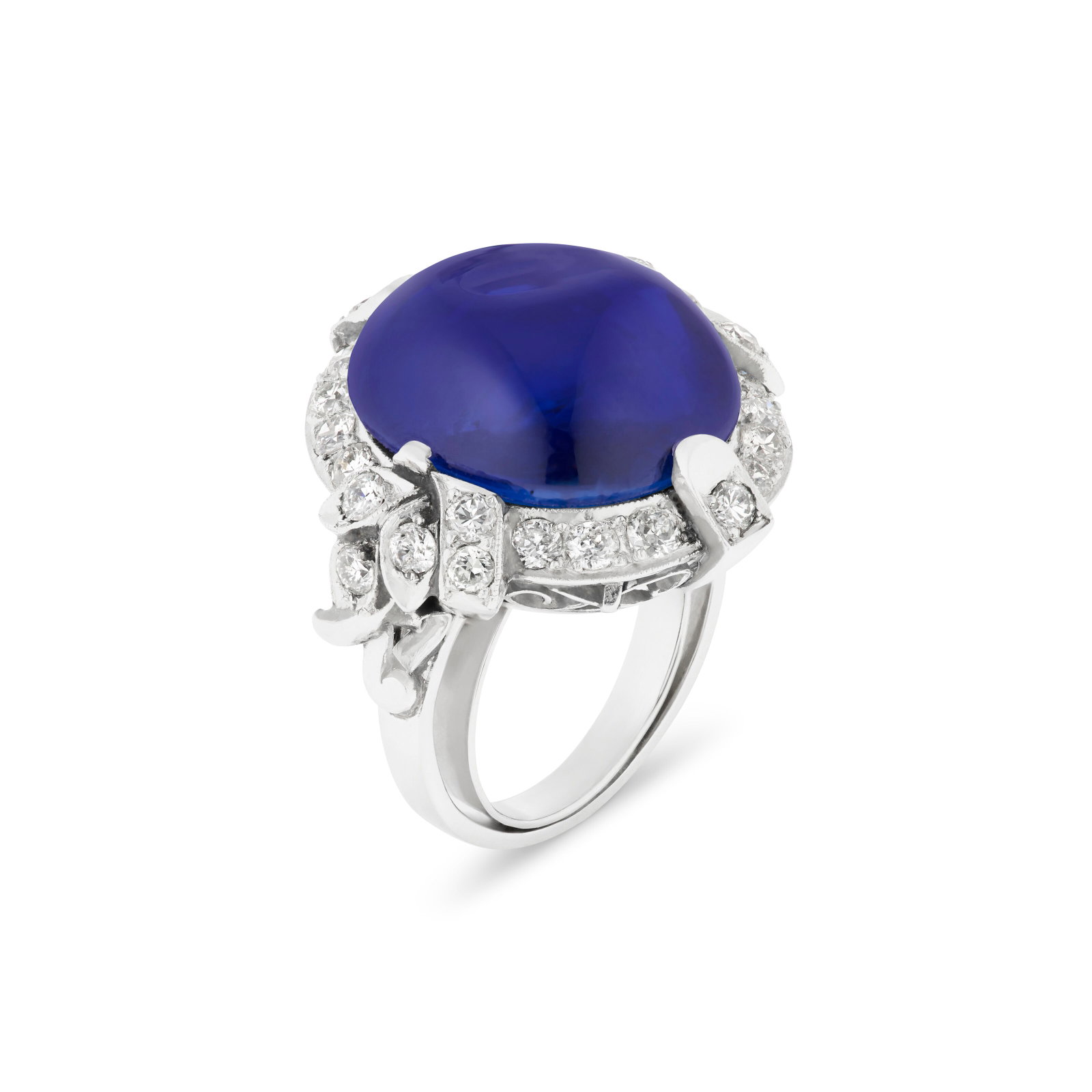 SAPPHIRE AND DIAMOND RING: SAPPHIRE AND DIAMOND RING Details Oval sapphire modified cabochon of 14.53 carats, round and old-cut diamonds, platinum, circa 1950 AGL, 2026, report no. 1156205: 14.53 carats, Burma, no gemological