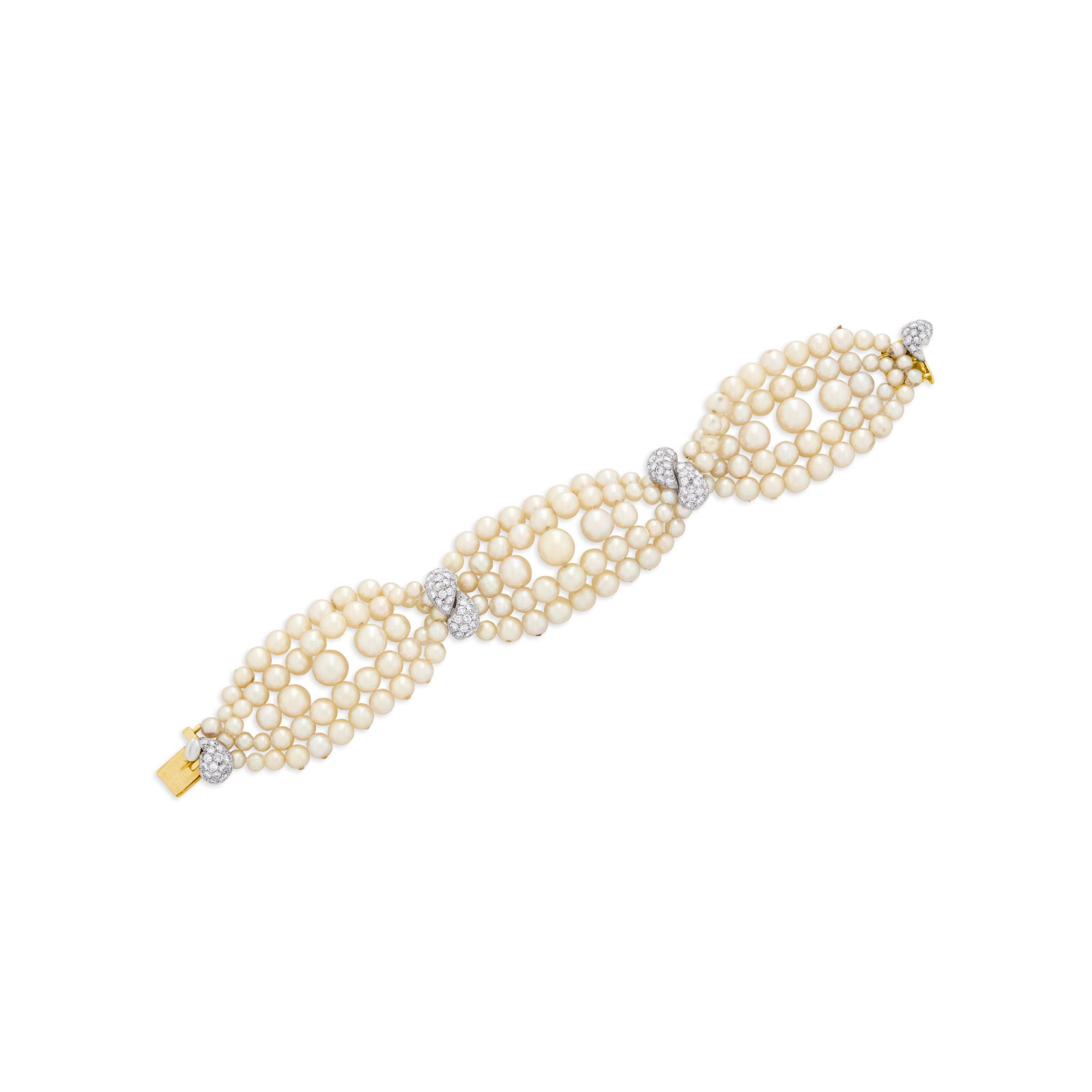 CULTURED PEARL AND DIAMOND BRACELET: CULTURED PEARL AND DIAMOND BRACELET Details Cultured and natural pearls of approximately 7.36 to 3.27 mm, round diamonds, 18k white gold and platinum (French marks), circa 1955, maker's mark (Numa Esp