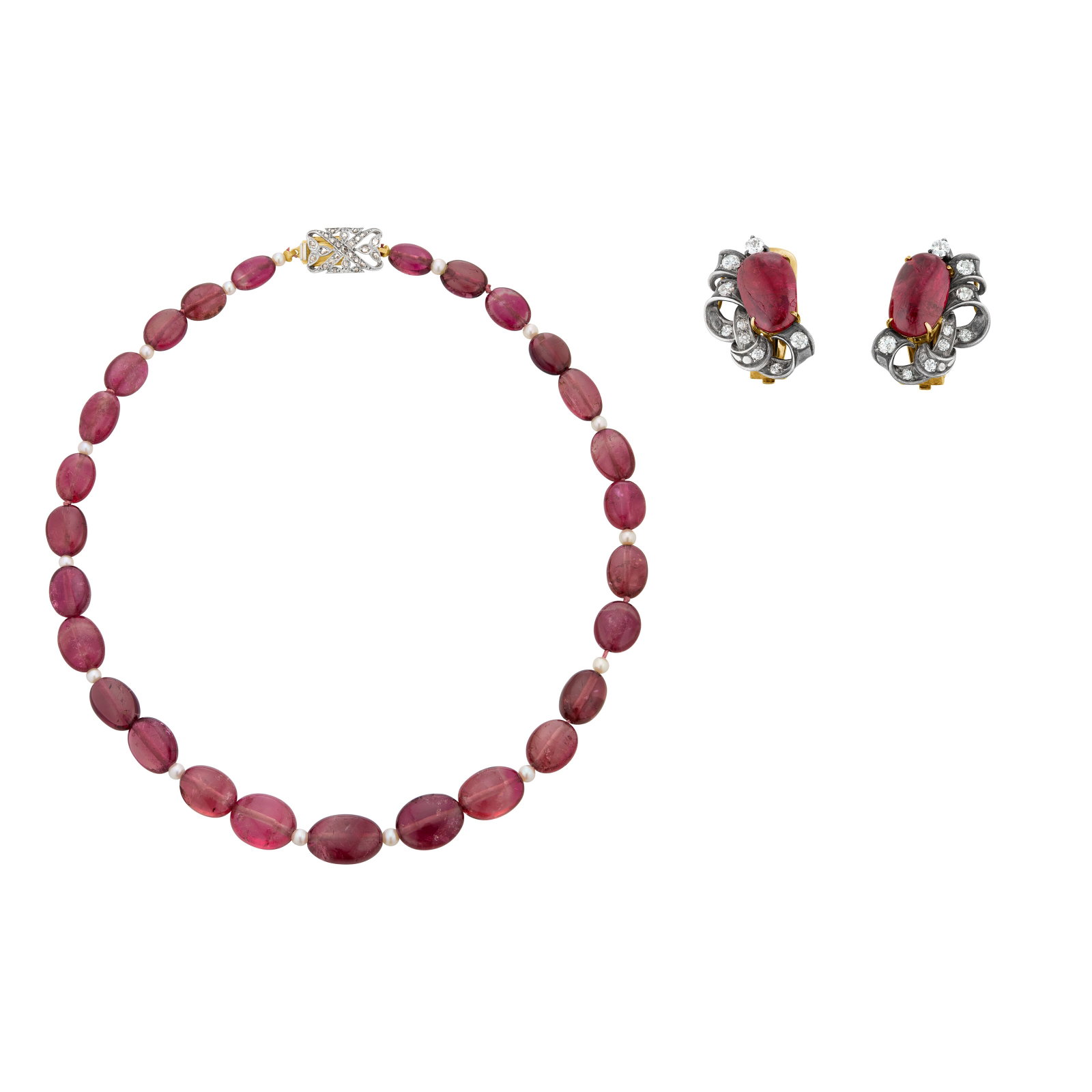 MULTI-GEM AND DIAMOND NECKLACE AND EARRINGS: MULTI-GEM AND DIAMOND NECKLACE AND EARRINGS Details Polished tourmaline beads, tumbled spinels, round pearls of approximately 3.75 to 3.00 mm, old and rose-cut diamonds, 14k yellow gold, yellow gold