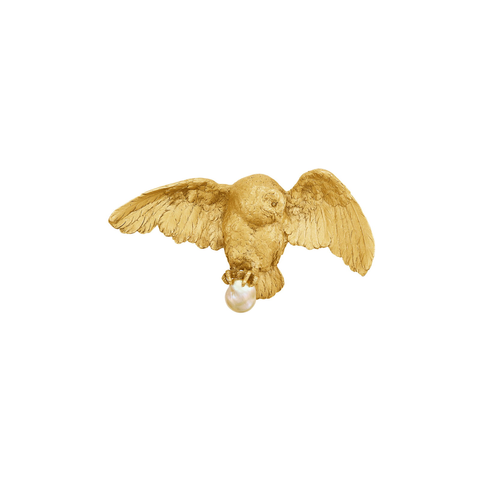 ANTIQUE PEARL AND GOLD OWL BROOCH: ANTIQUE PEARL AND GOLD OWL BROOCH Details Designed as an owl, one baroque pearl, yellow gold, circa 1910 Size/Dimensions: 7.6 x 3.8 cm (3 x 11⁄2 in) Gross Weight: 56.8 cm Further Details Please