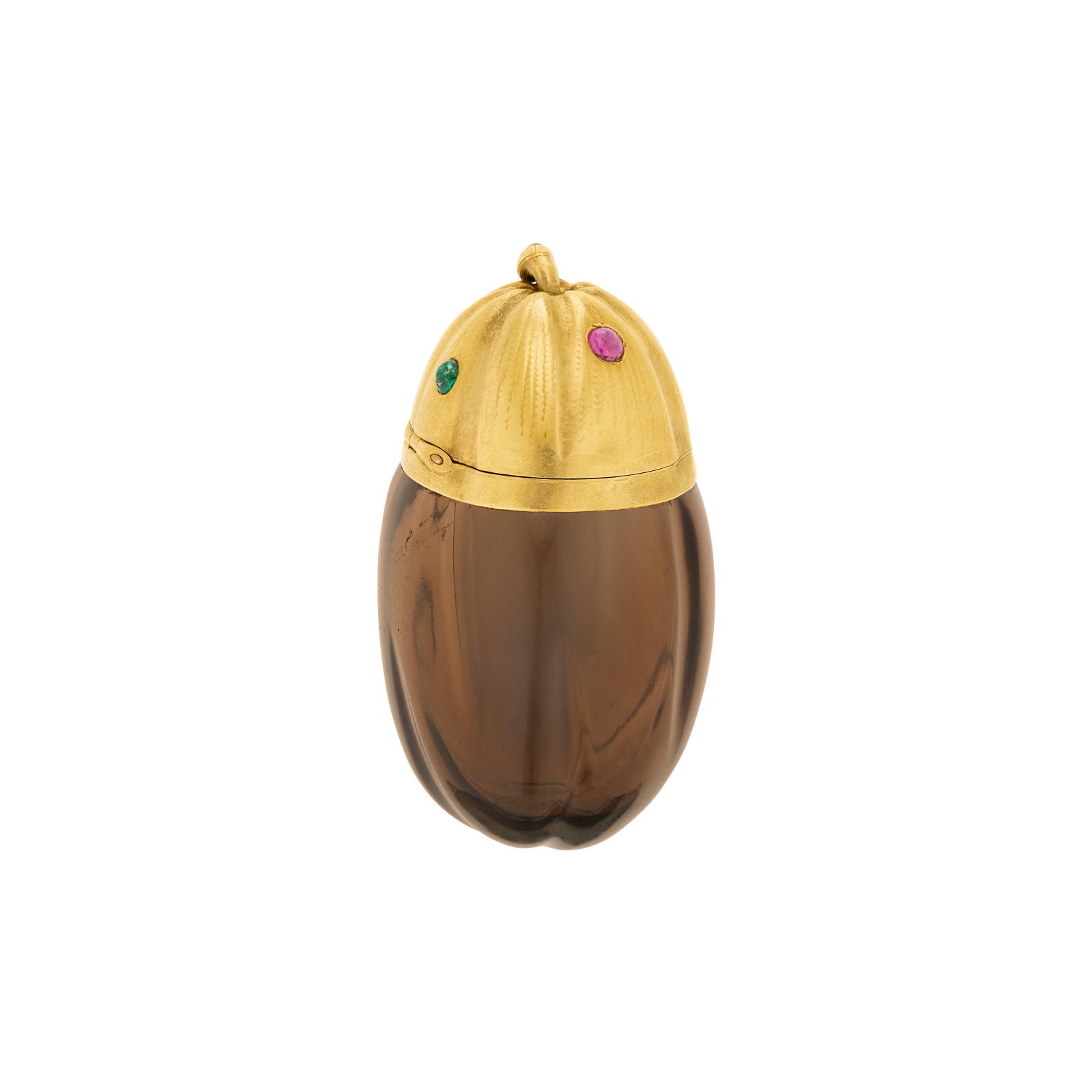ANTIQUE MULTI-GEM, SMOKY QUARTZ AND GOLD CASE: ANTIQUE MULTI-GEM, SMOKY QUARTZ AND GOLD CASE Details Designed as a stylized gourd, opening to reveal a single compartment, round and oval cabochon rubies, emeralds and sapphire, carved smoky quartz, 