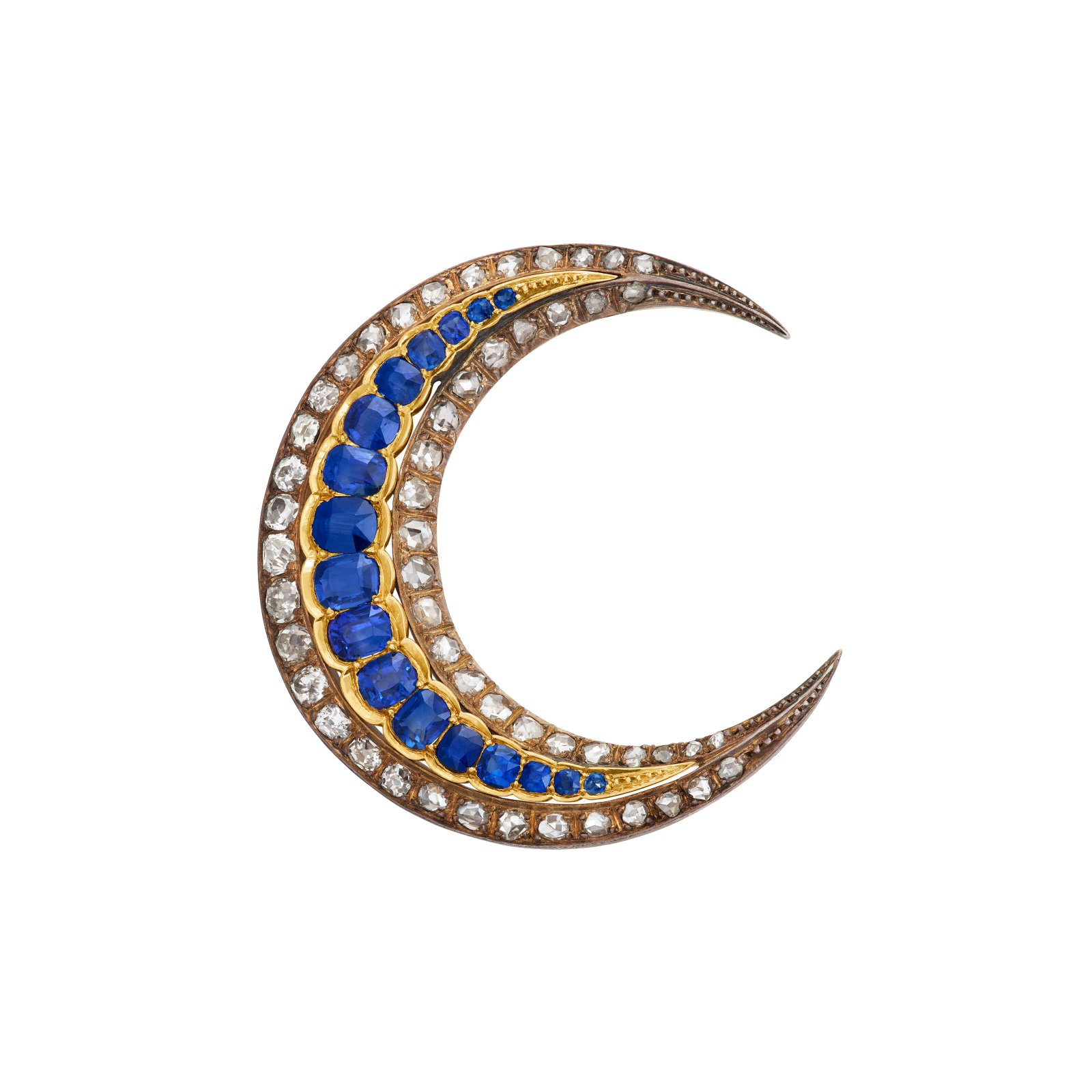 ANTIQUE SAPPHIRE AND DIAMOND CRESCENT BROOCH: ANTIQUE SAPPHIRE AND DIAMOND CRESCENT BROOCH Details Designed as a crescent, cushion-shaped sapphires, old and rose-cut diamonds, silver-topped gold, circa 1900 Diamonds: approximately 52 old and rose