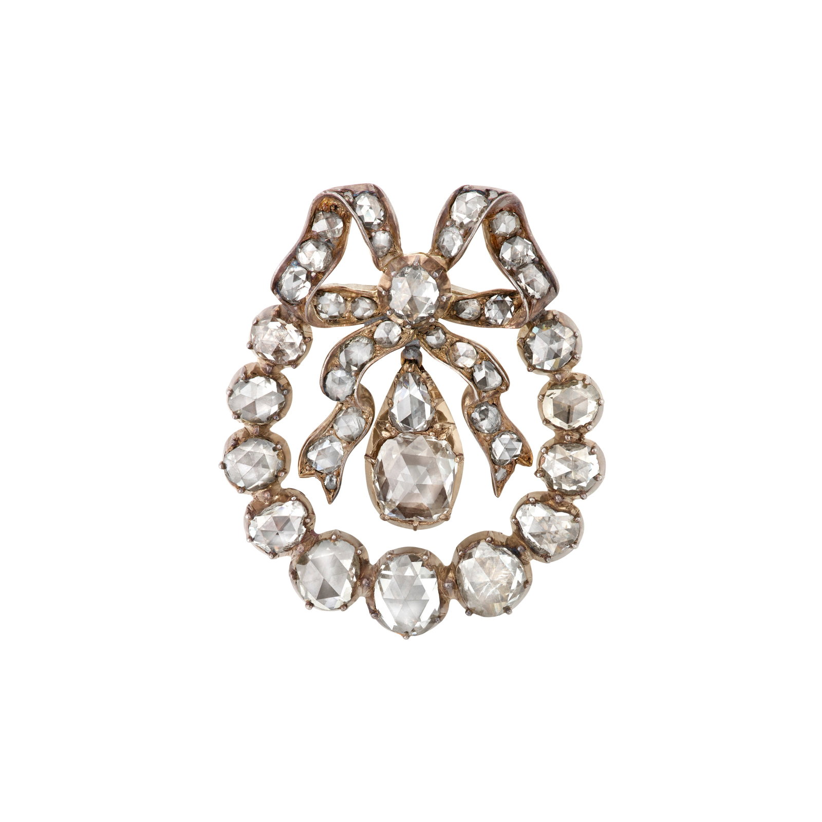 ANTIQUE DIAMOND PENDANT-BROOCH: ANTIQUE DIAMOND PENDANT-BROOCH Details Rose-cut diamonds, silver-topped gold and gold, circa 1875 Diamonds: 38 rose-cut with an approximate total weight of 5.50 – 6.00 carats Size/Dimensions: 4.