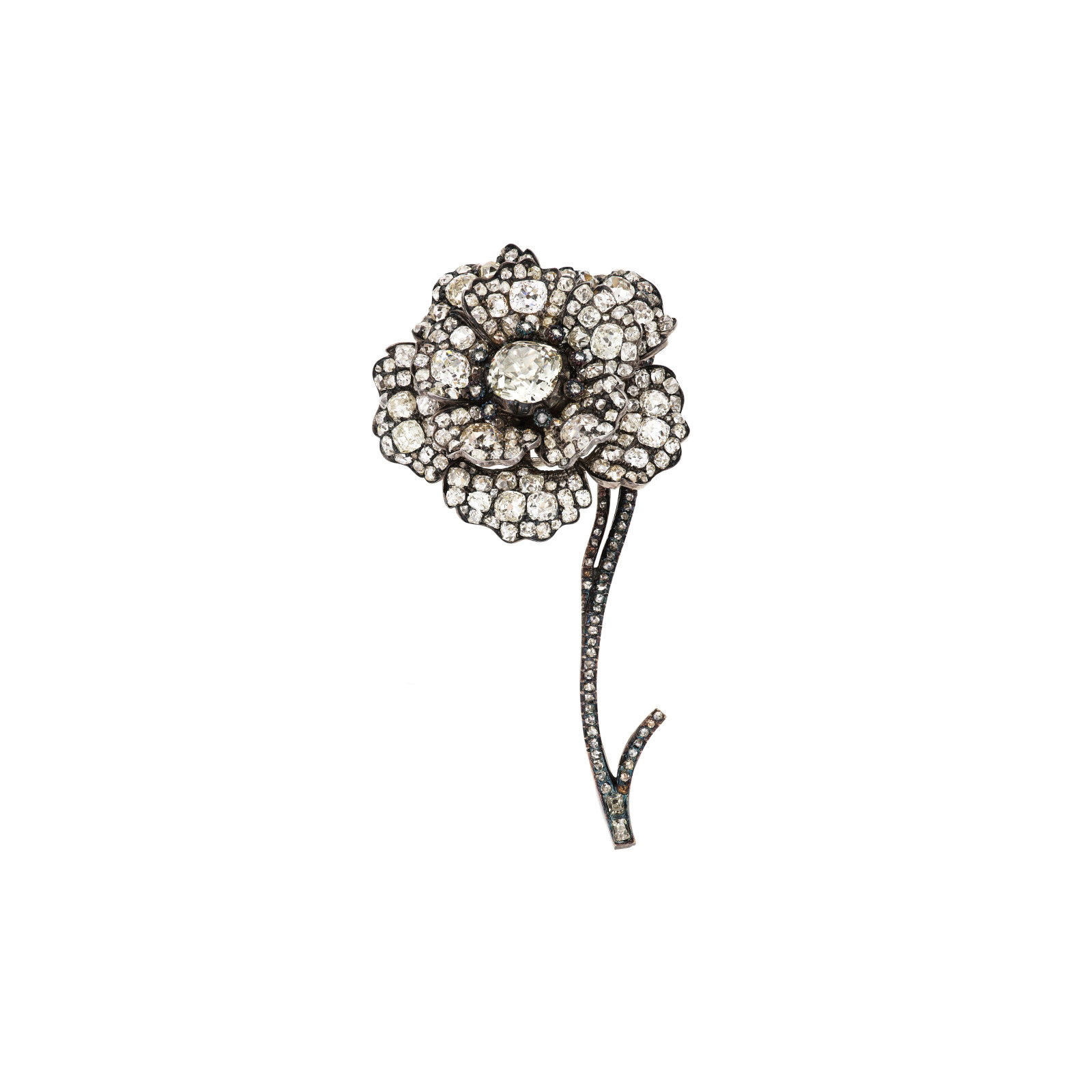 ANTIQUE DIAMOND EN TREMBLANT FLOWER BROOCH: ANTIQUE DIAMOND EN TREMBLANT FLOWER BROOCH Details Flowerhead mounted en tremblant, old and rose-cut diamonds, silver-topped gold and 14k yellow gold, circa 1820 Diamonds: approximately 290 old and