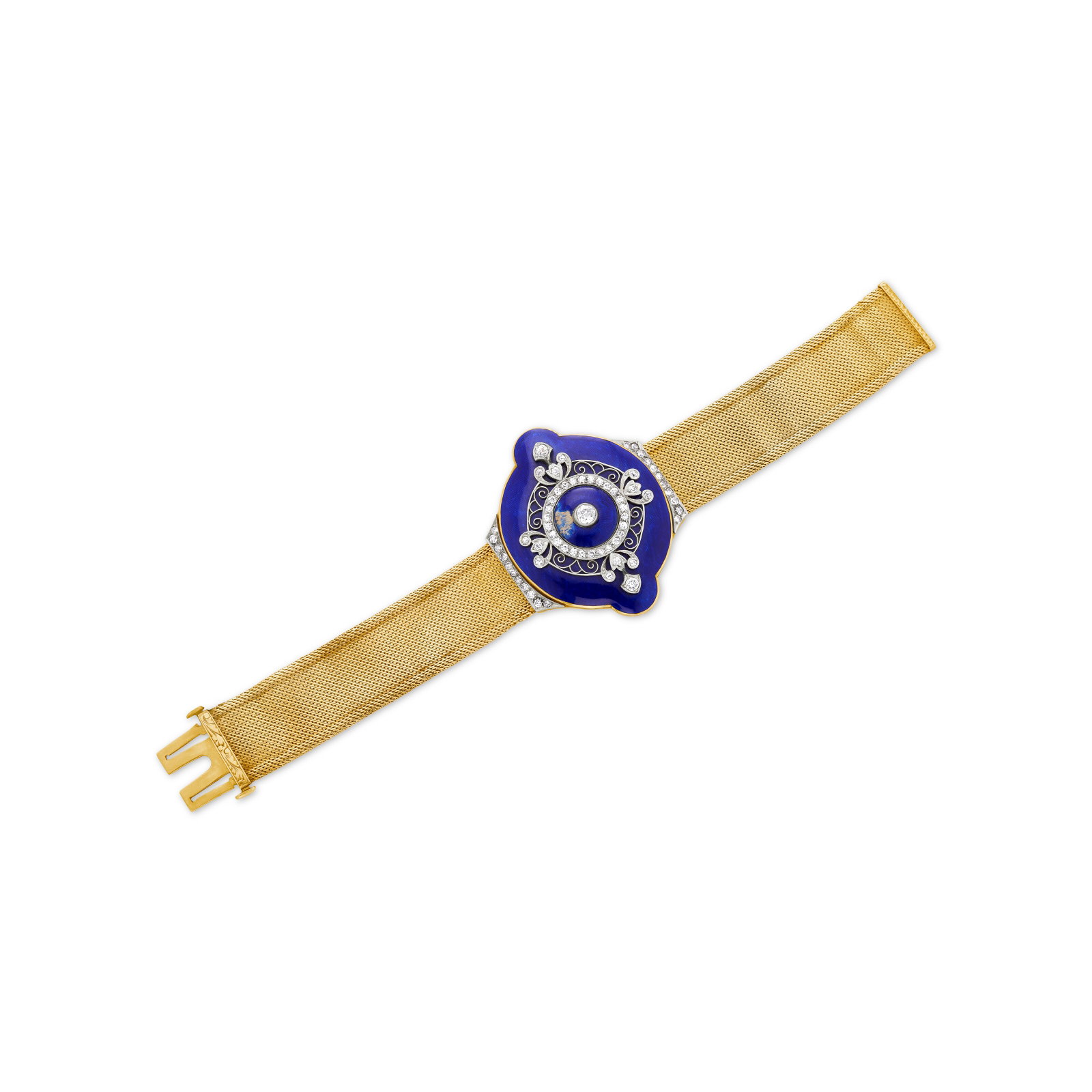 ANTIQUE DIAMOND AND ENAMEL BRACELET: ANTIQUE DIAMOND AND ENAMEL BRACELET Details Old and single-cut diamonds, blue enamel, platinum-topped gold, platinum-topped gold and yellow gold, circa 1910, deficient enamel Diamonds: 85 old and