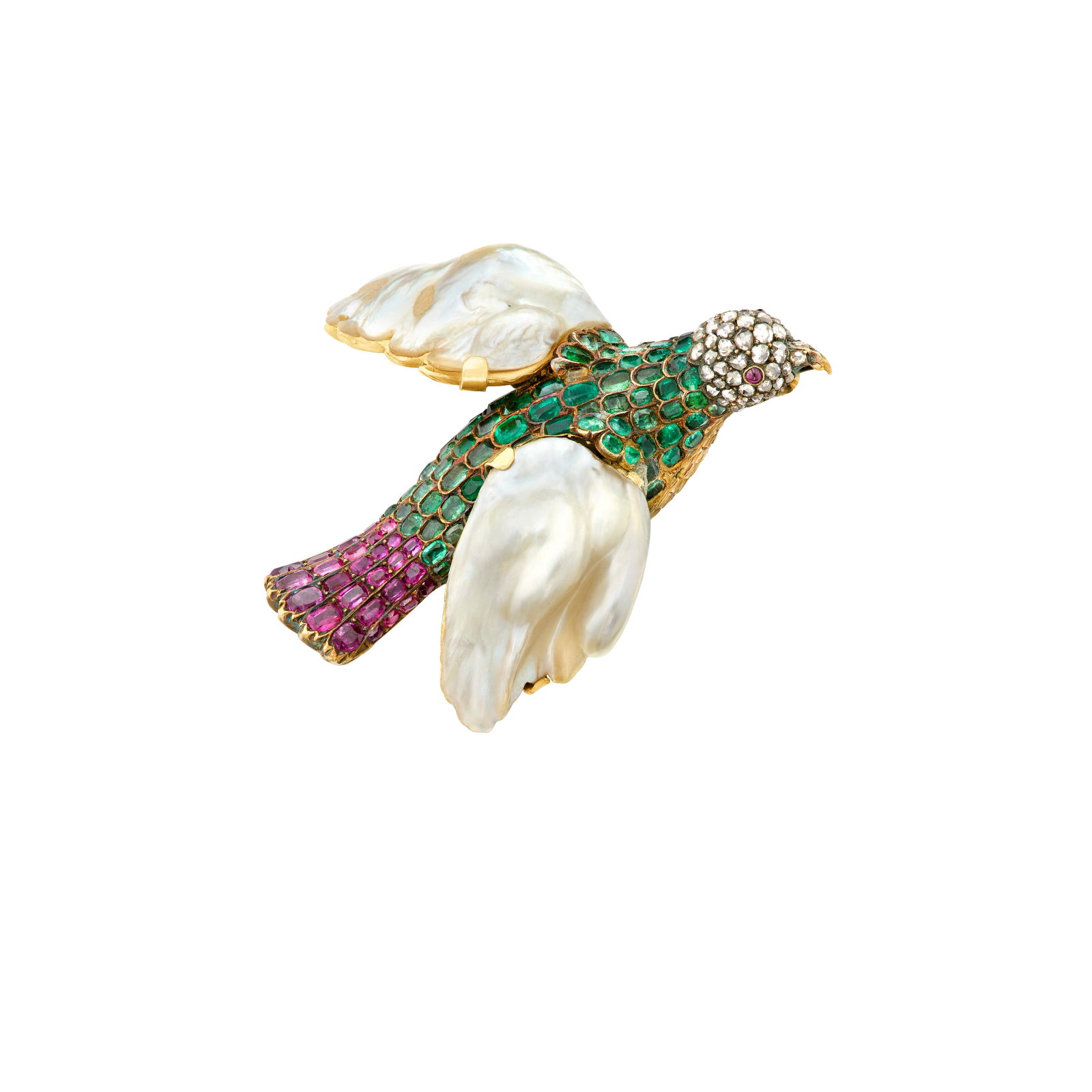 ANTIQUE BLISTER PEARL, MULTI-GEM AND DIAMOND BIRD BROOCH: ANTIQUE BLISTER PEARL, MULTI-GEM AND DIAMOND BIRD BROOCH Details Blister pearls, cushion and oval emeralds, cushion, oval and round ruby cabochons, silver-topped gold and gold, circa late 19th