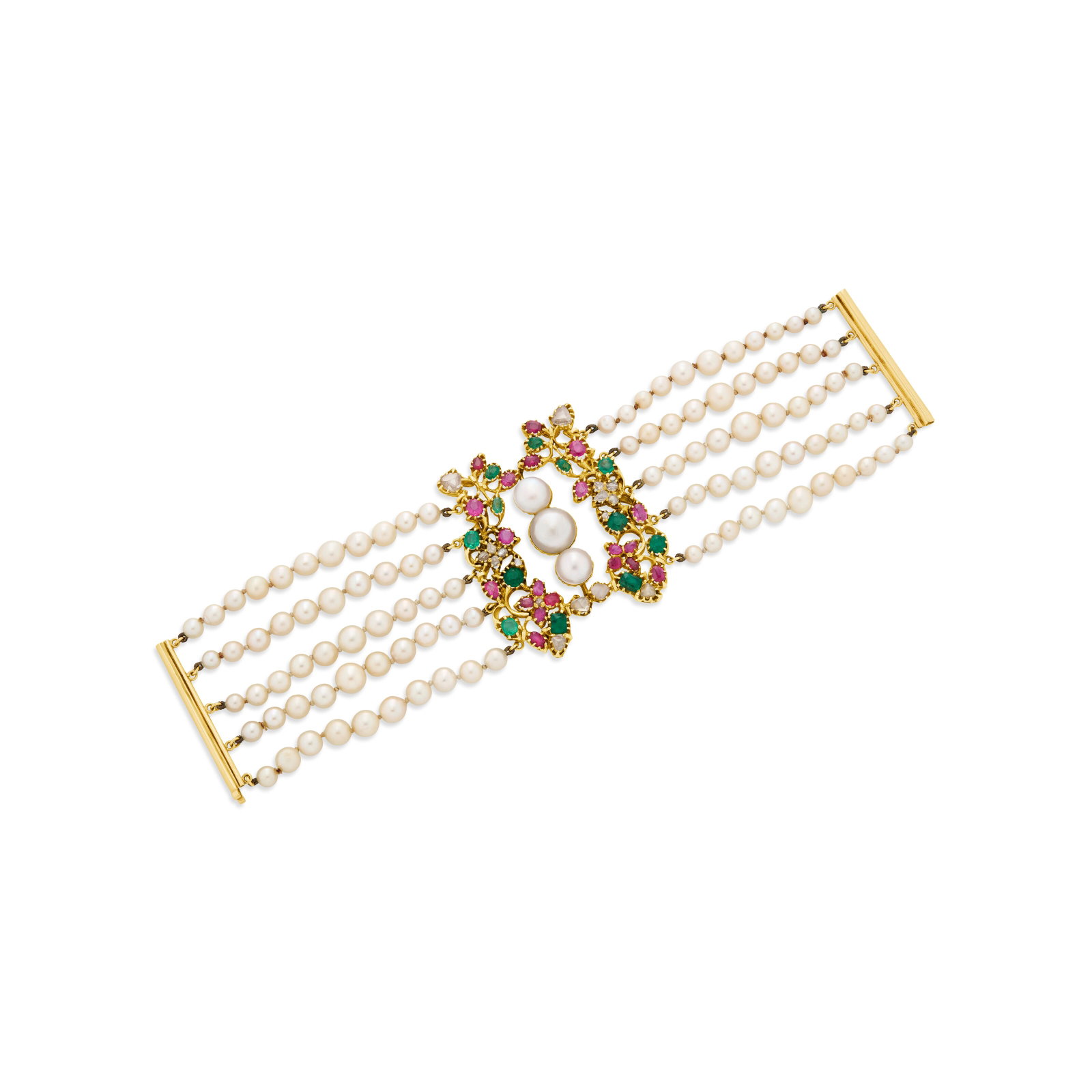 MULTI-GEM AND DIAMOND BRACELET: MULTI-GEM AND DIAMOND BRACELET Details Button-shaped pearls ranging from approximately 10.00 to 8.03 mm, round pearls ranging from approximately 6.76 to 3.82 mm, variously-shaped rubies and emeralds,