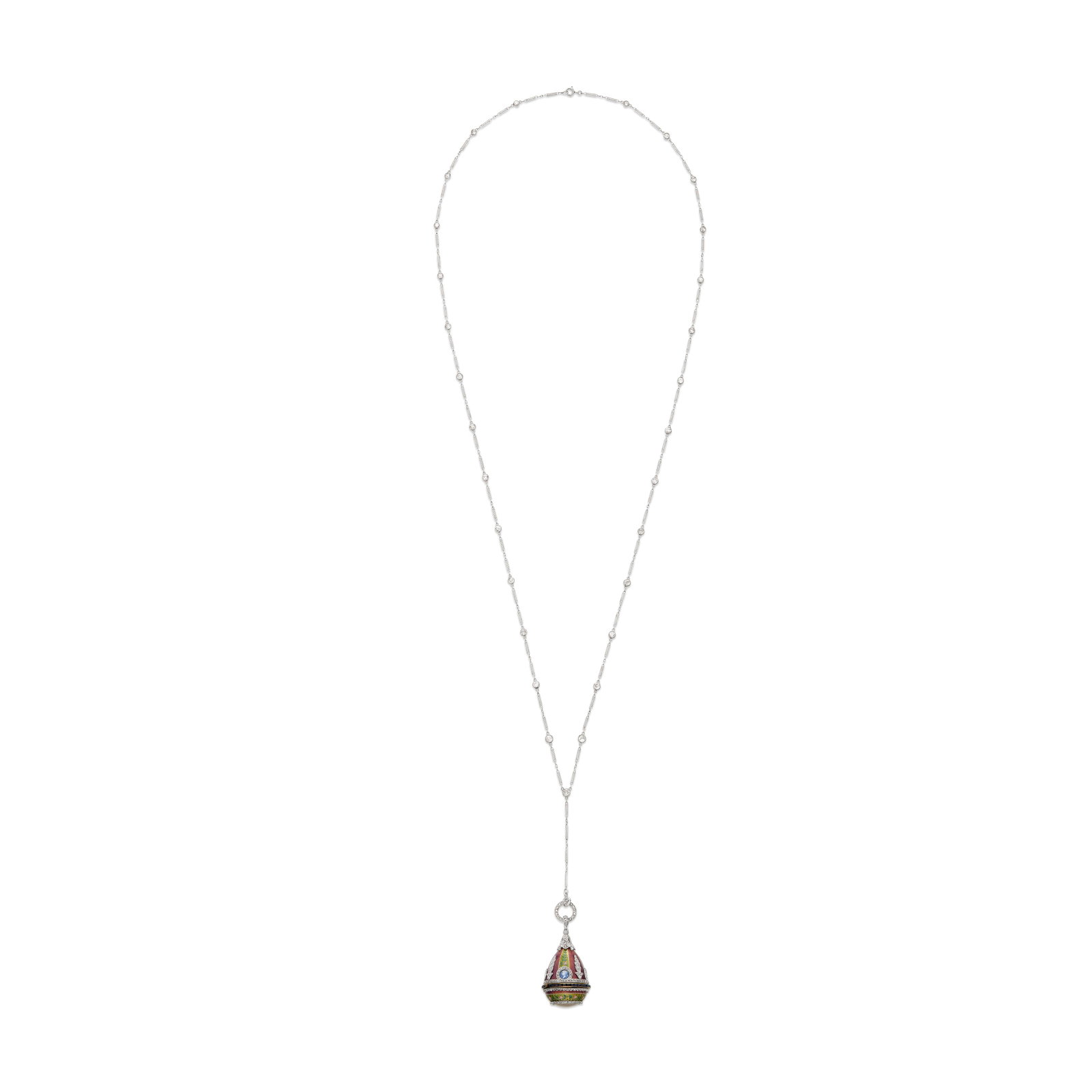 ANTIQUE ENAMEL, SAPPHIRE AND DIAMOND WATCH-PENDANT NECKACE: ANTIQUE ENAMEL, SAPPHIRE AND DIAMOND WATCH-PENDANT NECKACE Details Manual movement, green, pink, blue and white enamel, rectangular-cut sapphires, rose and old-cut diamonds, circa 1910, watch-pendant