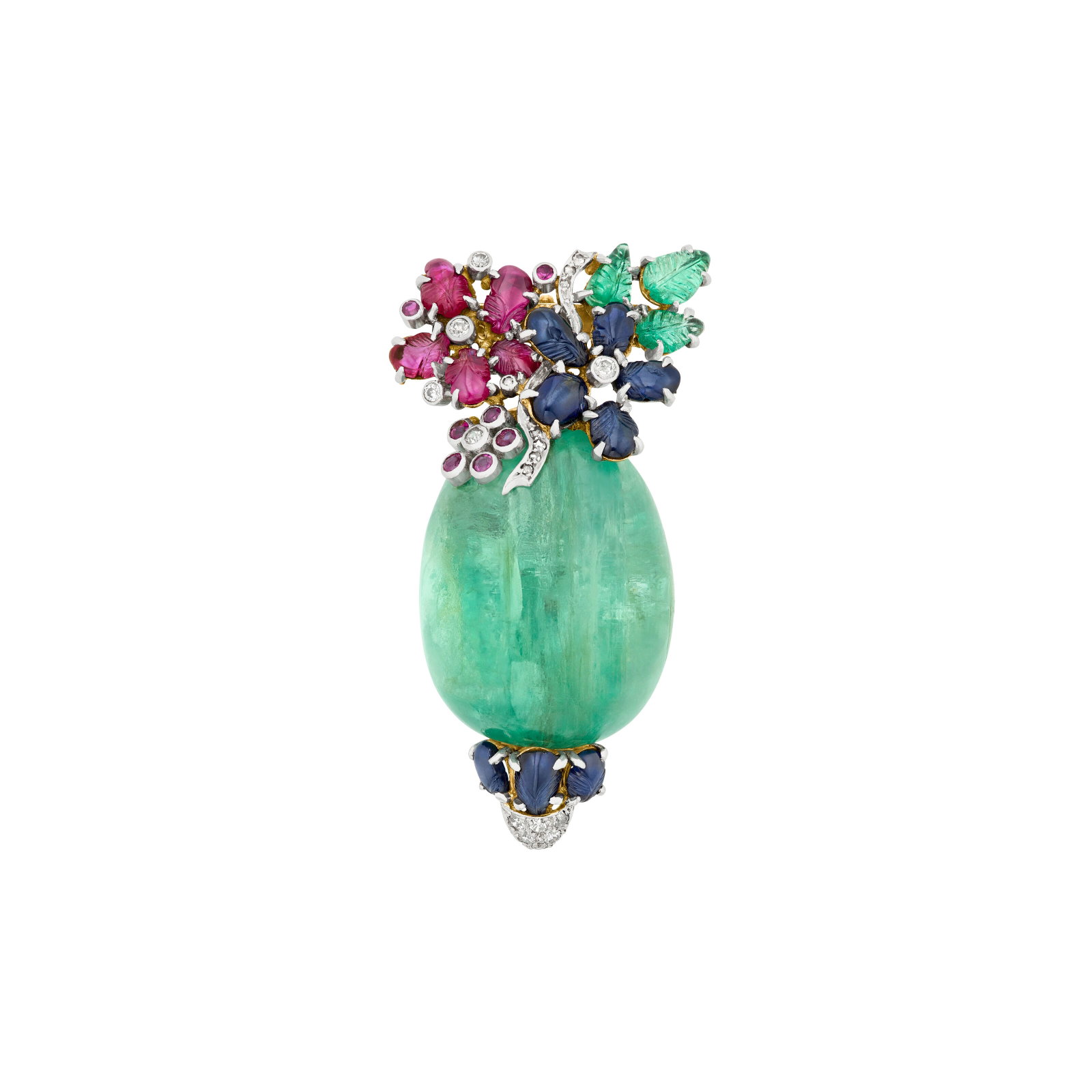 EMERALD, RUBY, SAPPHIRE AND DIAMOND BROOCH: EMERALD, RUBY, SAPPHIRE AND DIAMOND BROOCH Details Carved and drop-shaped emeralds, carved and round rubies, carved sapphires, round, old, rose and single-cut diamonds, 18k white gold (partially