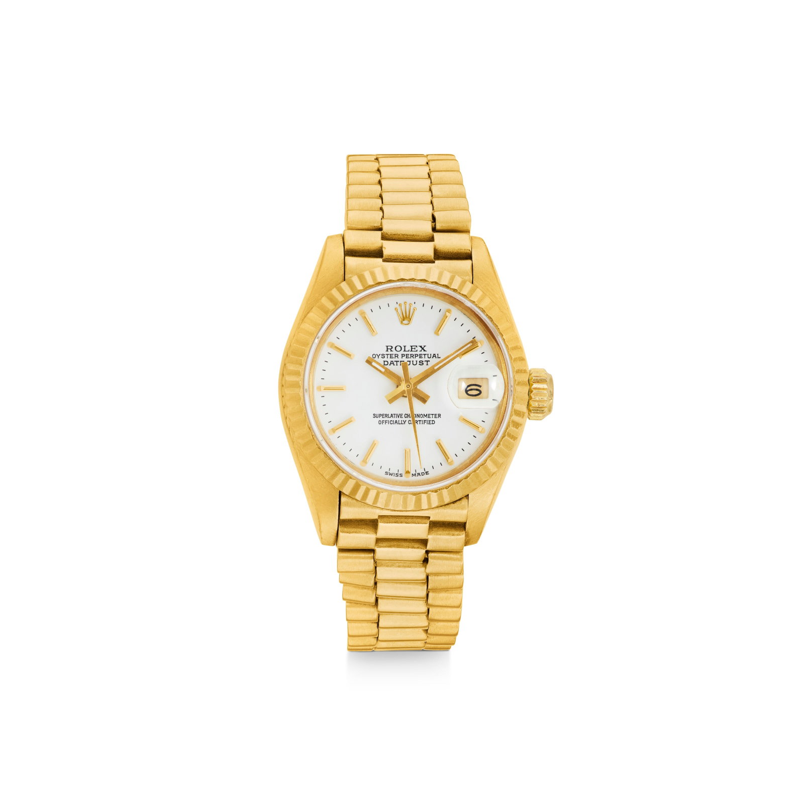 ROLEX GOLD WRISTWATCH: ROLEX GOLD WRISTWATCH Details Quartz movement, 18k yellow gold (Swiss mark), signed Rolex, Swiss Made, numbered Size/Dimensions: case 25.00 mm, 13.9 cm (51⁄2 in) Gross Weight: 67.8 grams