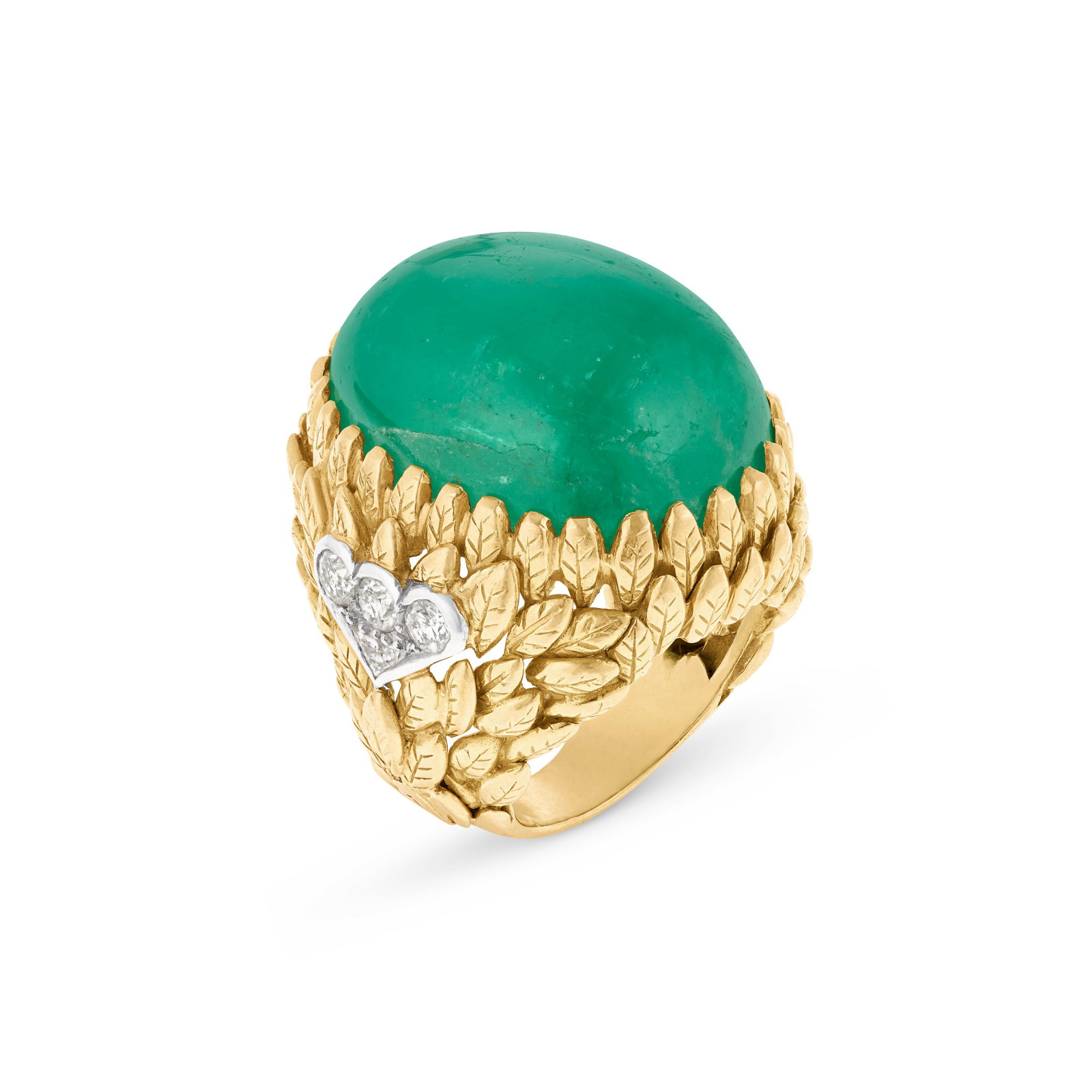 EMERALD AND DIAMOND RING: EMERALD AND DIAMOND RING Details Oval emerald cabochon, round and triangular-shaped diamonds, 18k yellow gold and platinum (French marks), circa 1965 AGL, 2026, report no. 1156038: Russia, minor clari