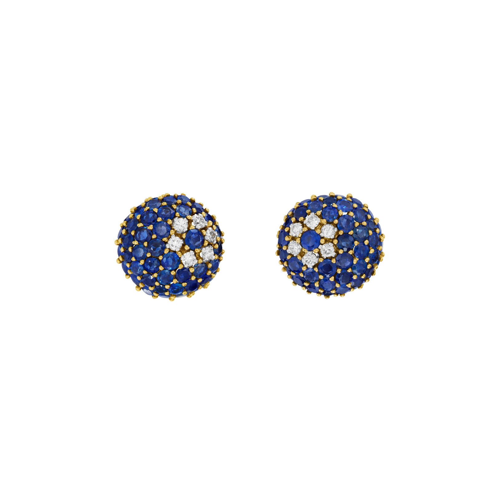 LACLOCHE SAPPHIRE AND DIAMOND EARRINGS: LACLOCHE SAPPHIRE AND DIAMOND EARRINGS Details Round sapphires and diamonds, 18k yellow gold and platinum (French marks), circa 1955, signed Lacloche, Paris, Cannes Size/Dimensions: 1.8 x 1.8 cm