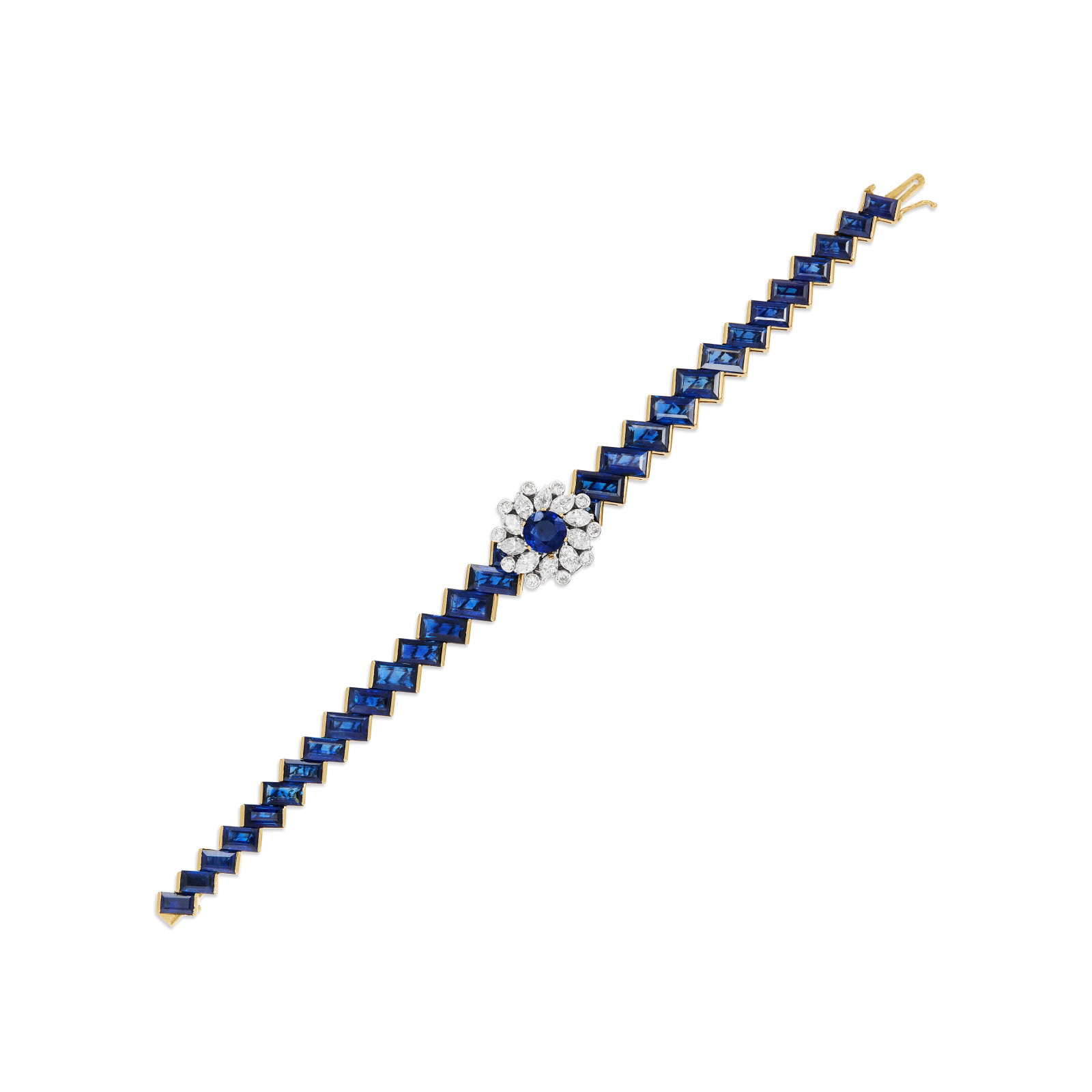 GÜBELIN SAPPHIRE AND DIAMOND BRACELET WATCH: GÜBELIN SAPPHIRE AND DIAMOND BRACELET WATCH Details Opening to reveal a concealed dial, manual movement, rectangular sapphires, marquise and round diamonds, 18k yellow gold (Swiss mark), circa