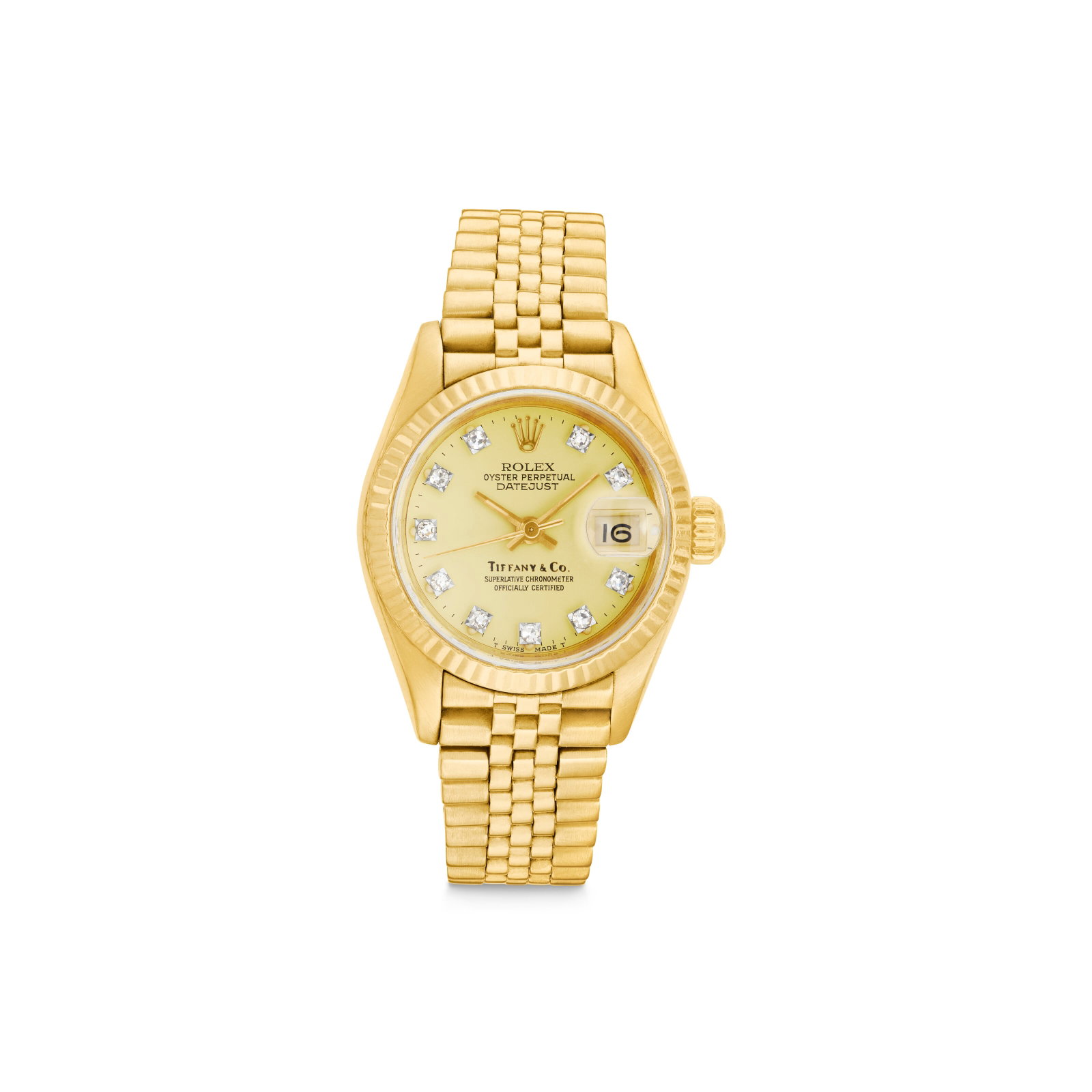 ROLEX DIAMOND AND GOLD OYSTER PERPETUAL 'DATEJUST' WRISTWATCH, RETAILED BY TIFFANY & CO.: ROLEX DIAMOND AND GOLD OYSTER PERPETUAL 'DATEJUST' WRISTWATCH, RETAILED BY TIFFANY & CO. Details Quartz movement, round diamonds, 18k yellow gold (Swiss marks), signed Rolex, Tiffany & Co., Swiss