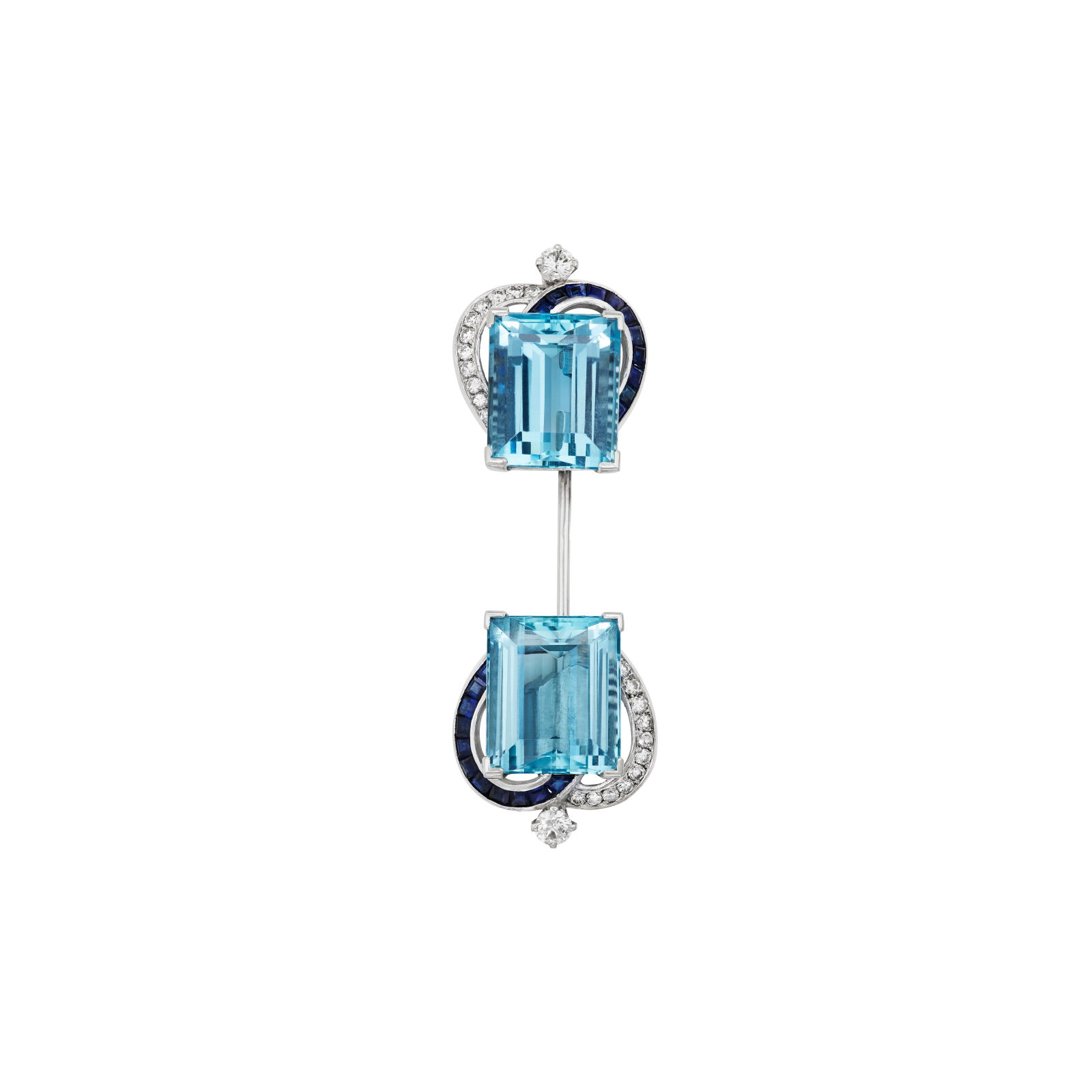 AQUAMARINE, SAPPHIRE AND DIAMOND JABOT BROOCH (1 of 3)