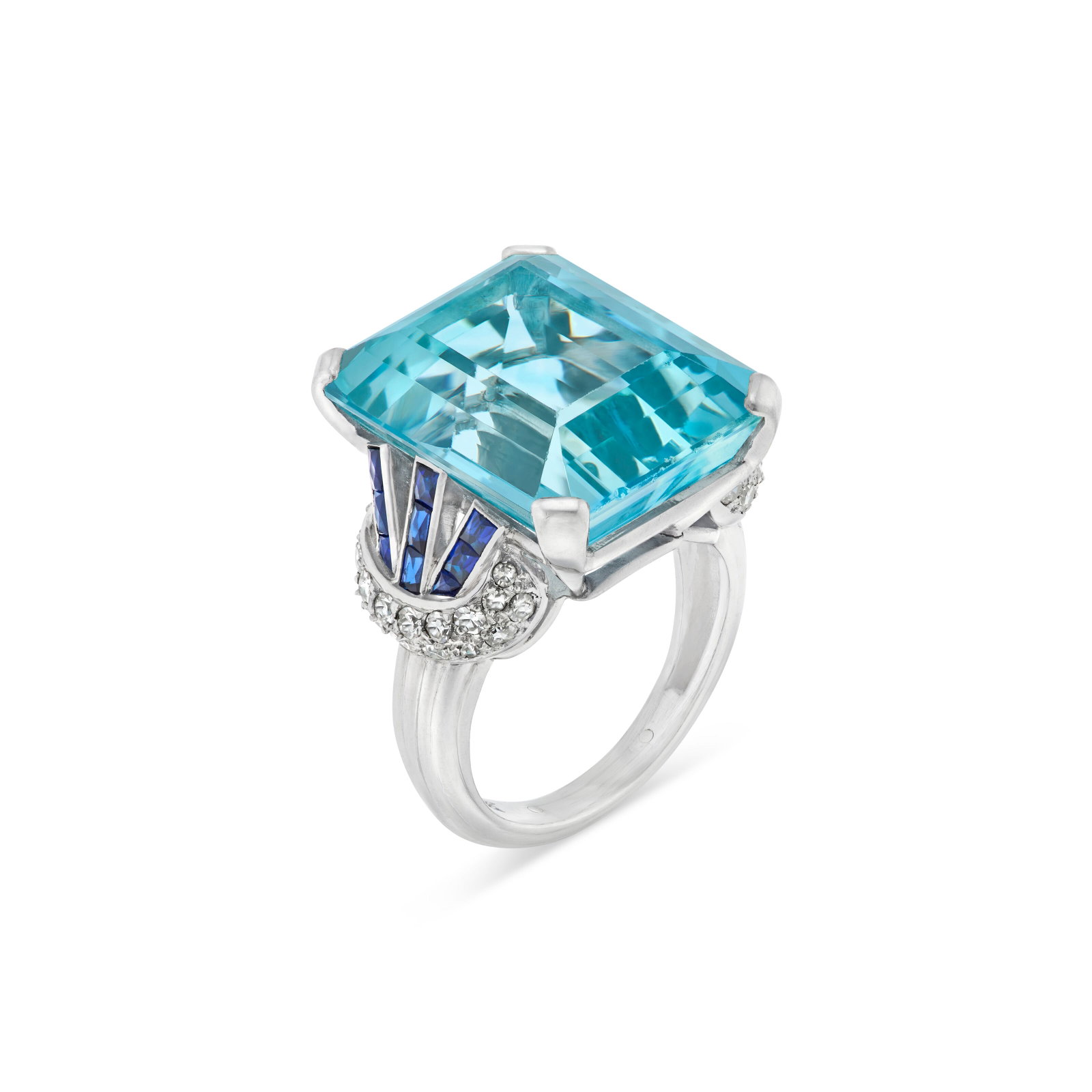 AQUAMARINE, SAPPHIRE AND DIAMOND RING: AQUAMARINE, SAPPHIRE AND DIAMOND RING Details Rectangular aquamarine, rectangular sapphires, single-cut and round diamonds, platinum (French mark), circa 1955 Aquamarine: measuring approximately