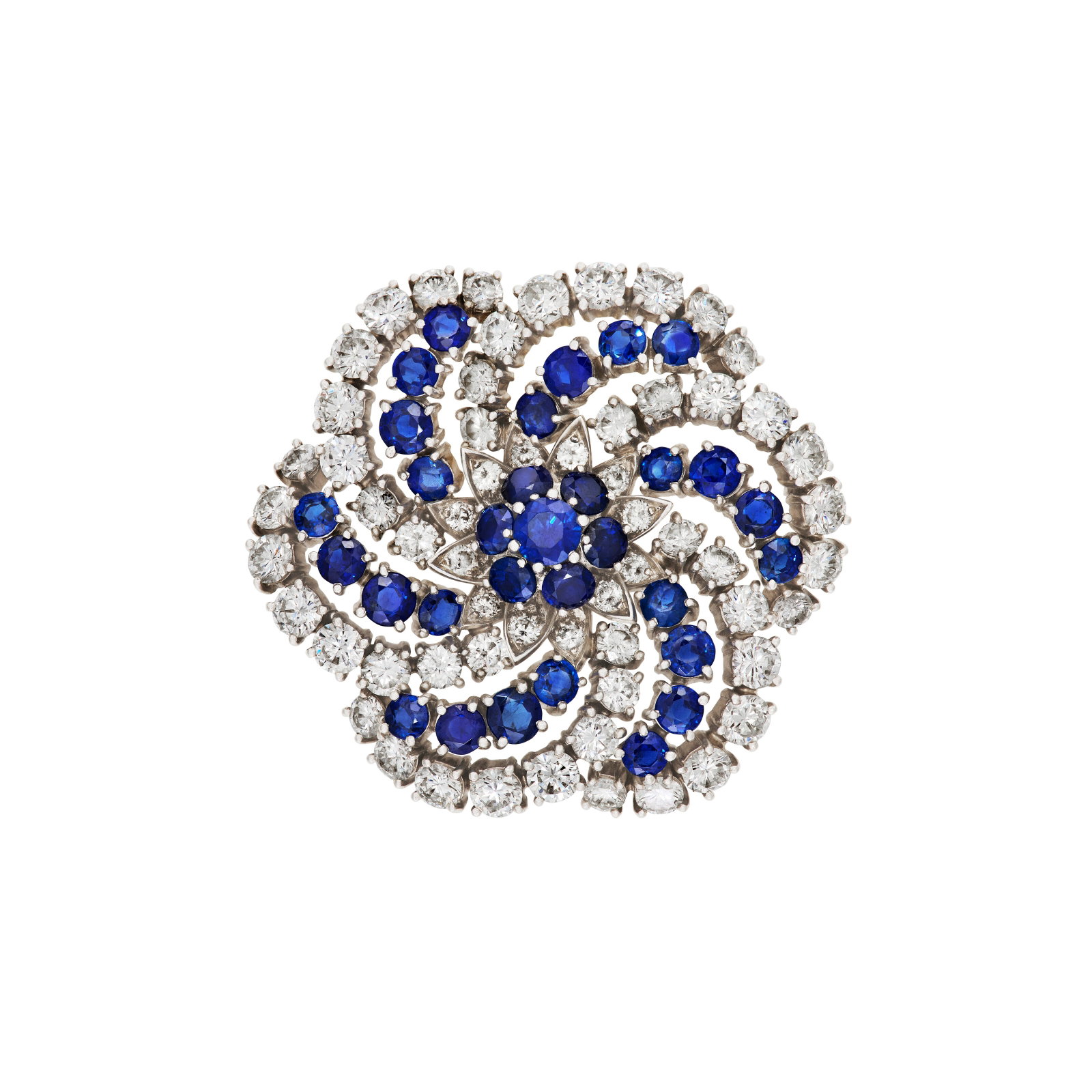 TIFFANY & CO. SAPPHIRE AND DIAMOND BROOCH: TIFFANY & CO. SAPPHIRE AND DIAMOND BROOCH Details Round sapphires, round diamonds, platinum, circa 1950, signed Tiffany & Co. Diamonds: approximately 60 round with approximate total weight of 5.00 - 6