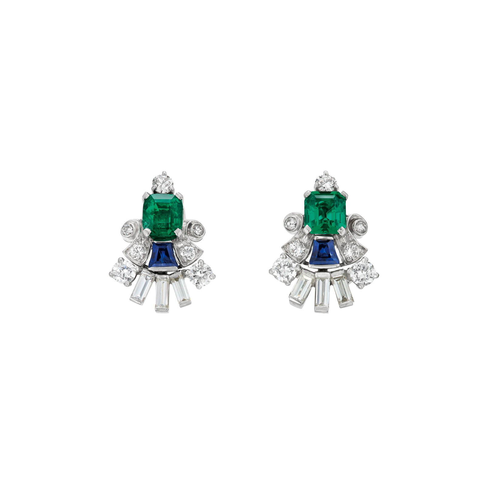 EMERALD, SAPPHIRE AND DIAMOND EARRINGS: EMERALD, SAPPHIRE AND DIAMOND EARRINGS Details Cushion step-cut emerald of 1.25 carats and rectangular emerald-cut emerald of 0.70 carat, trapezoid-shaped sapphires, round and baguette-cut diamonds,