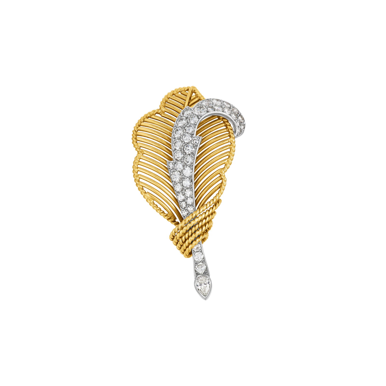 CARTIER DIAMOND BROOCH: CARTIER DIAMOND BROOCH Details Round, single and pear-shaped diamonds, 18k yellow gold (French marks) and platinum, circa 1950, signed Cartier, Paris, maker's marks (Société Anonyme