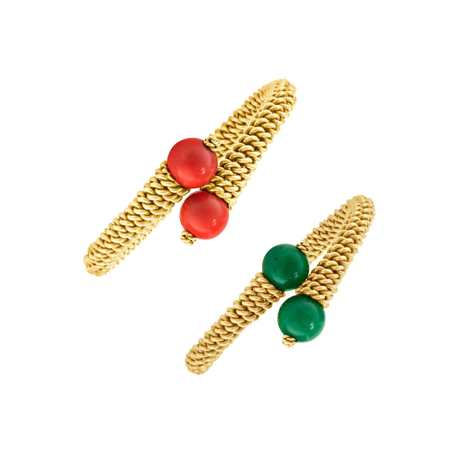 PAIR OF CORAL AND AVENTURINE QUARTZ BYPASS BANGLE BRACELETS: PAIR OF CORAL AND AVENTURINE QUARTZ BYPASS BANGLE BRACELETS Details Round coral and aventurine quartz beads, yellow gold Size/Dimensions: each inner circumference 14.0 cm (51⁄2 in), inner