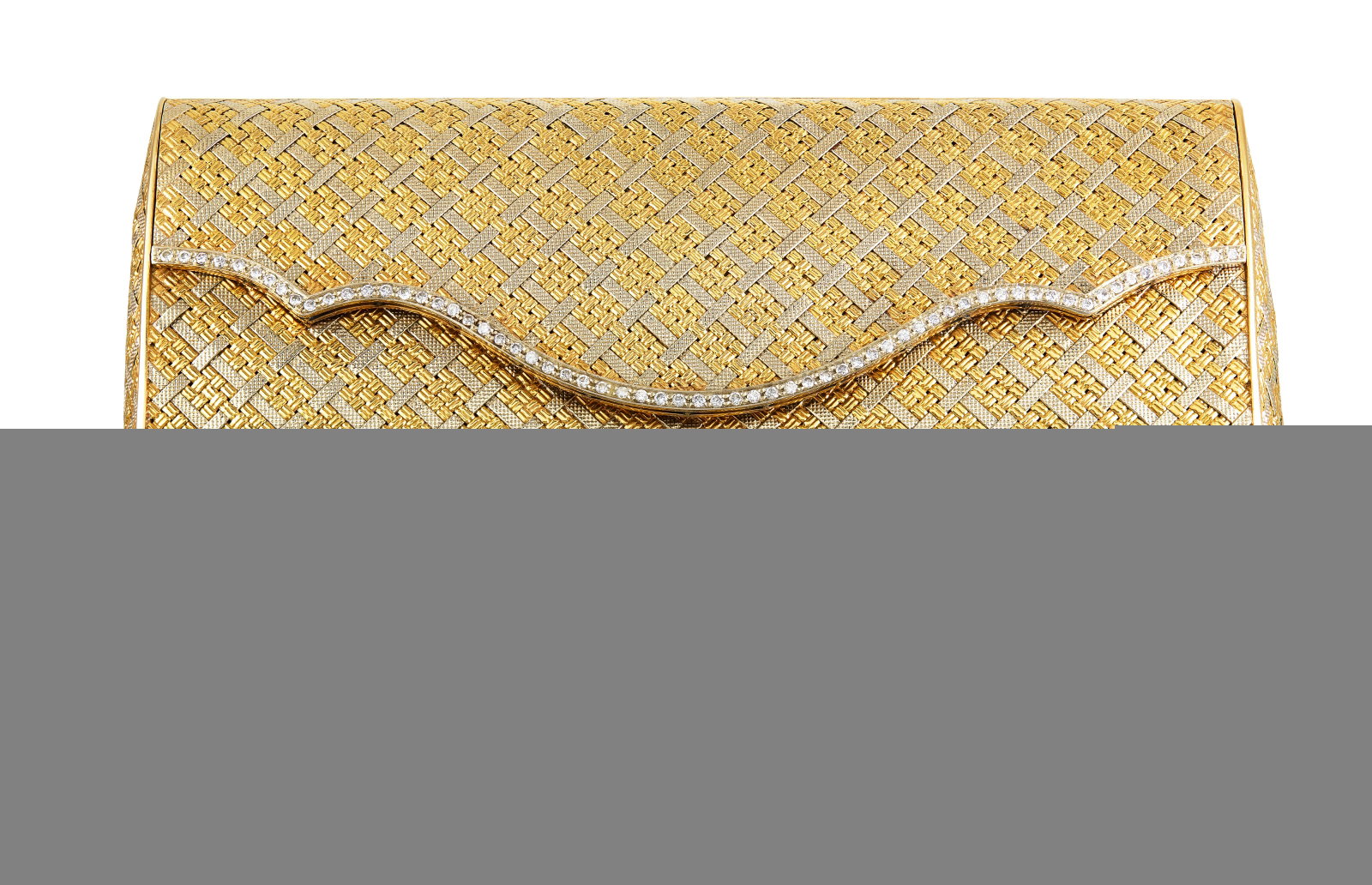 BI-COLORED GOLD AND DIAMOND EVENING BAG: BI-COLORED GOLD AND DIAMOND EVENING BAG Details Opening to a single compartment and fitted mirror, round diamonds, 18k yellow and white gold, circa 1965, mirror broken Diamonds: approximately 64